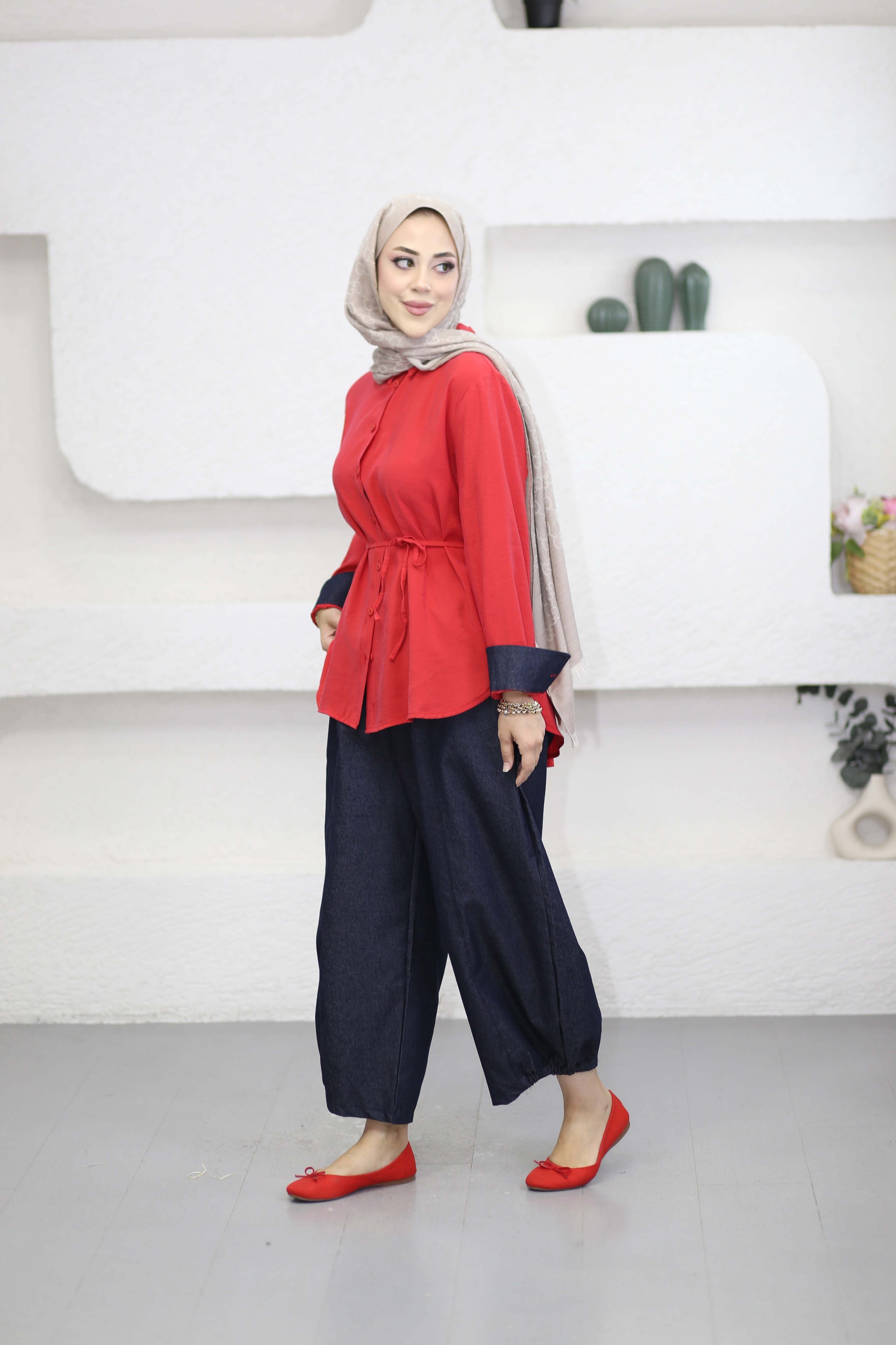 V Denim Detaylı Takım Kırmızı 3213