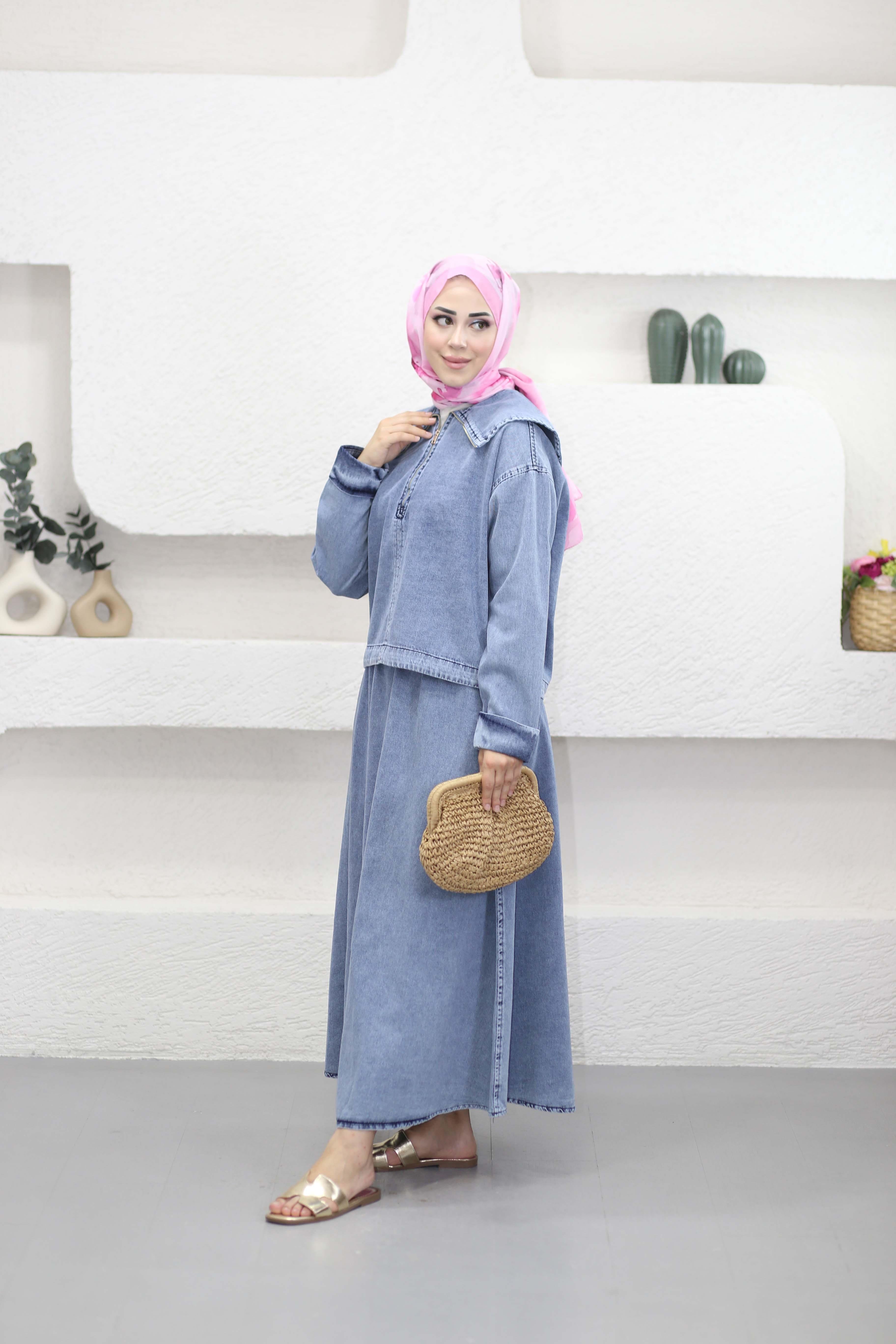 Bebe Yaka Denim Etek Takım Açık Mavi 5852