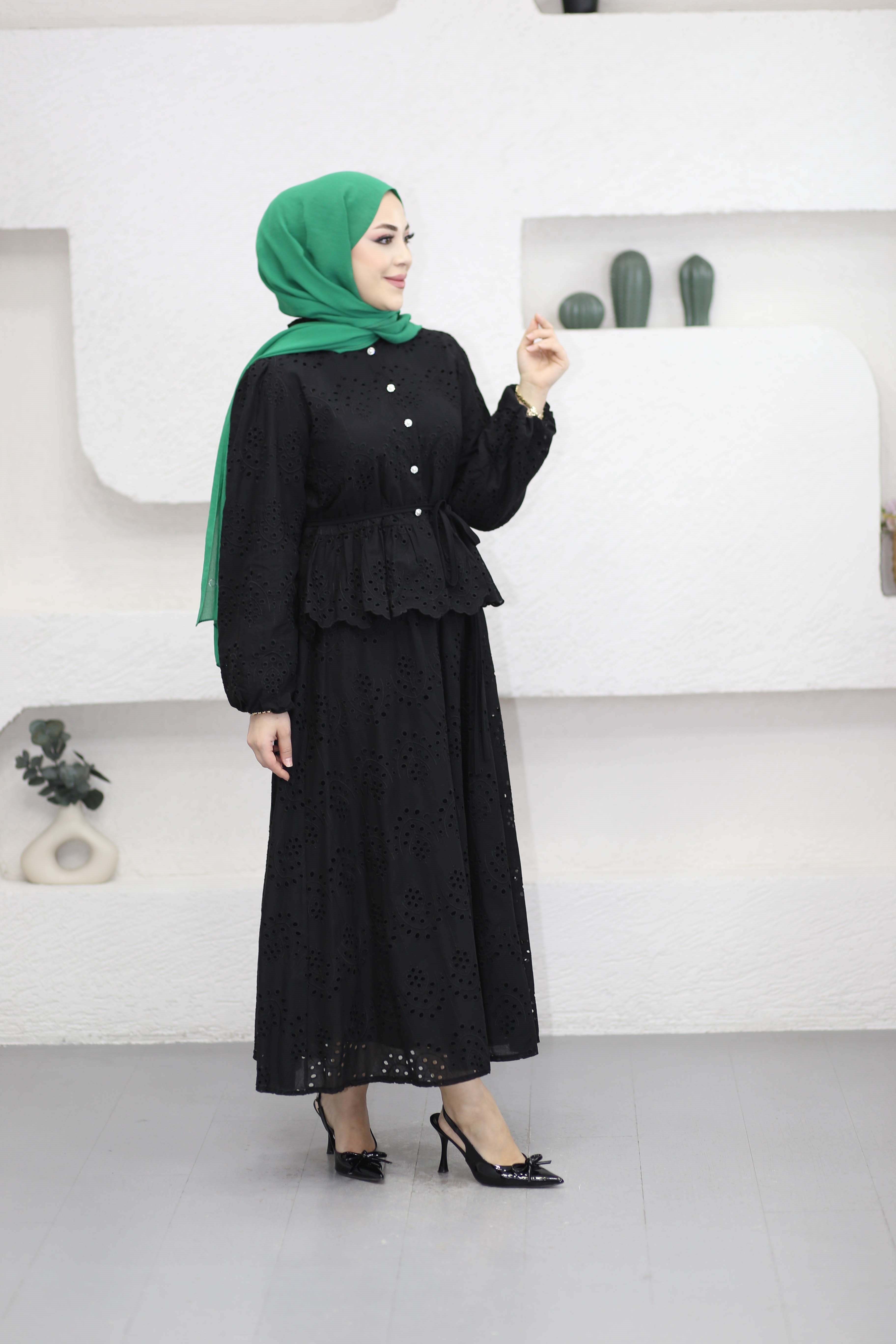 Beli Büzgülü Güpür Etek Takım Siyah 7019