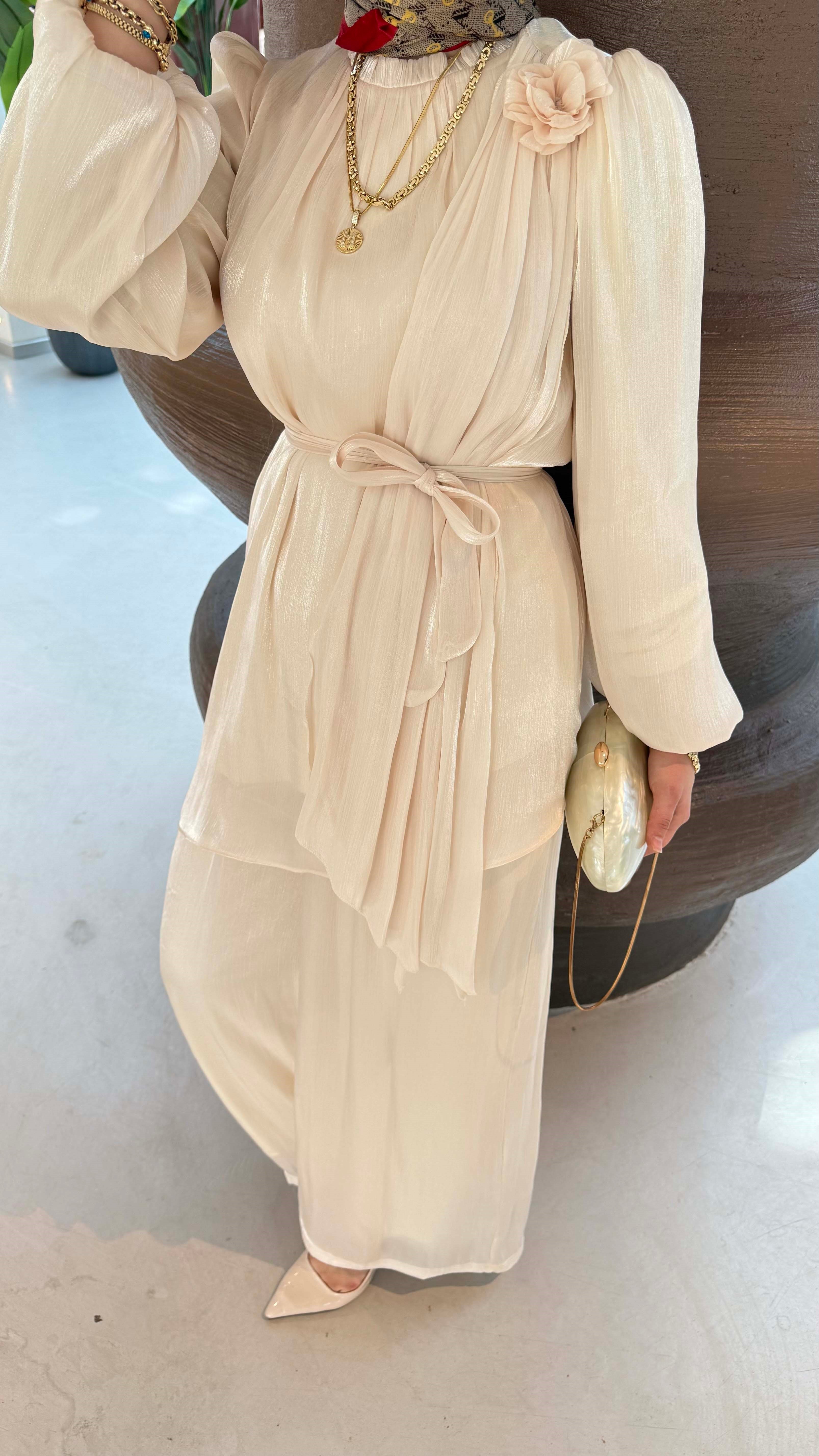 Pantolonlu Şifon Takım Krem 7365