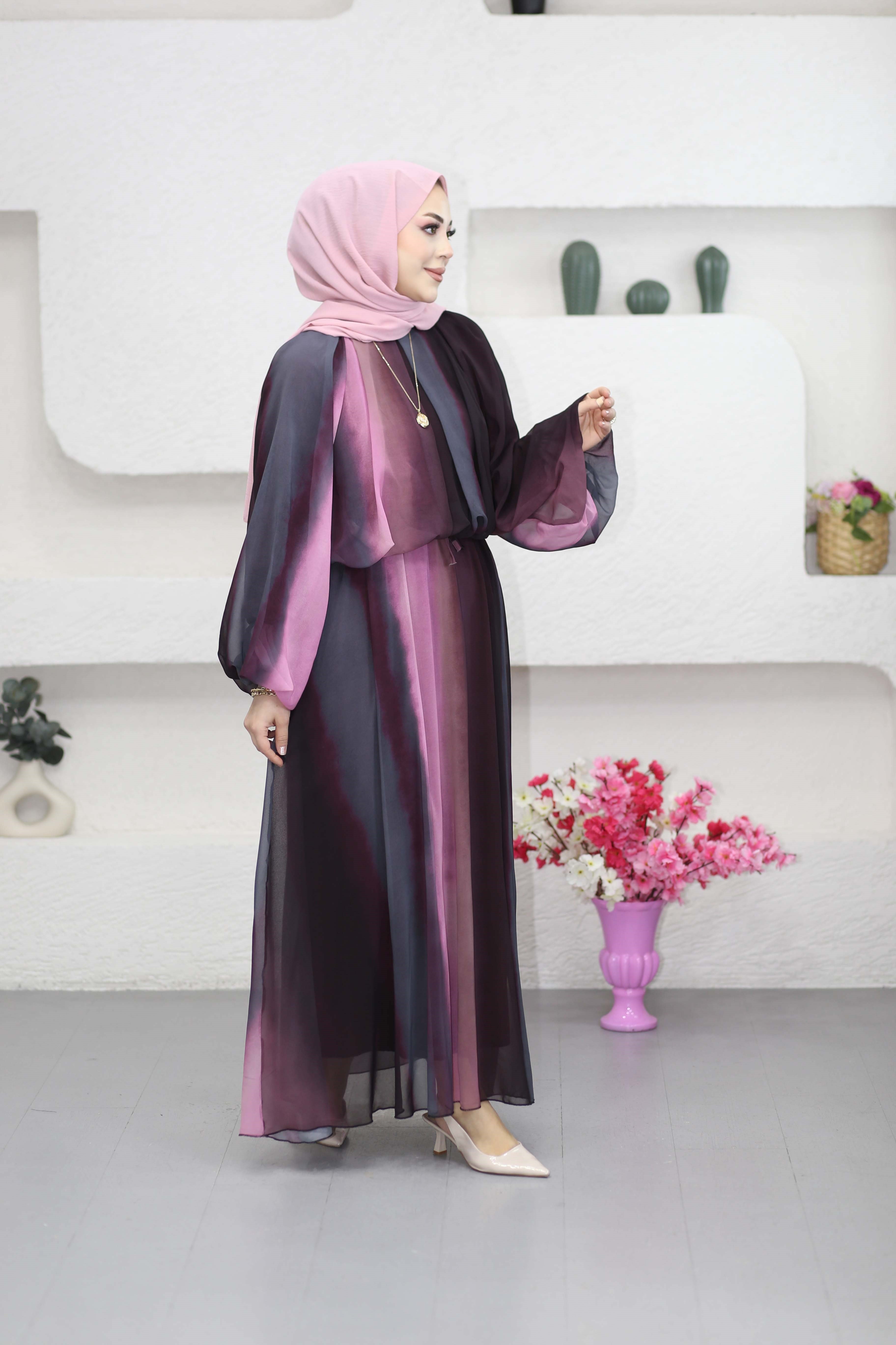 Şifon Baskılı Etek Takım Bordo 8567