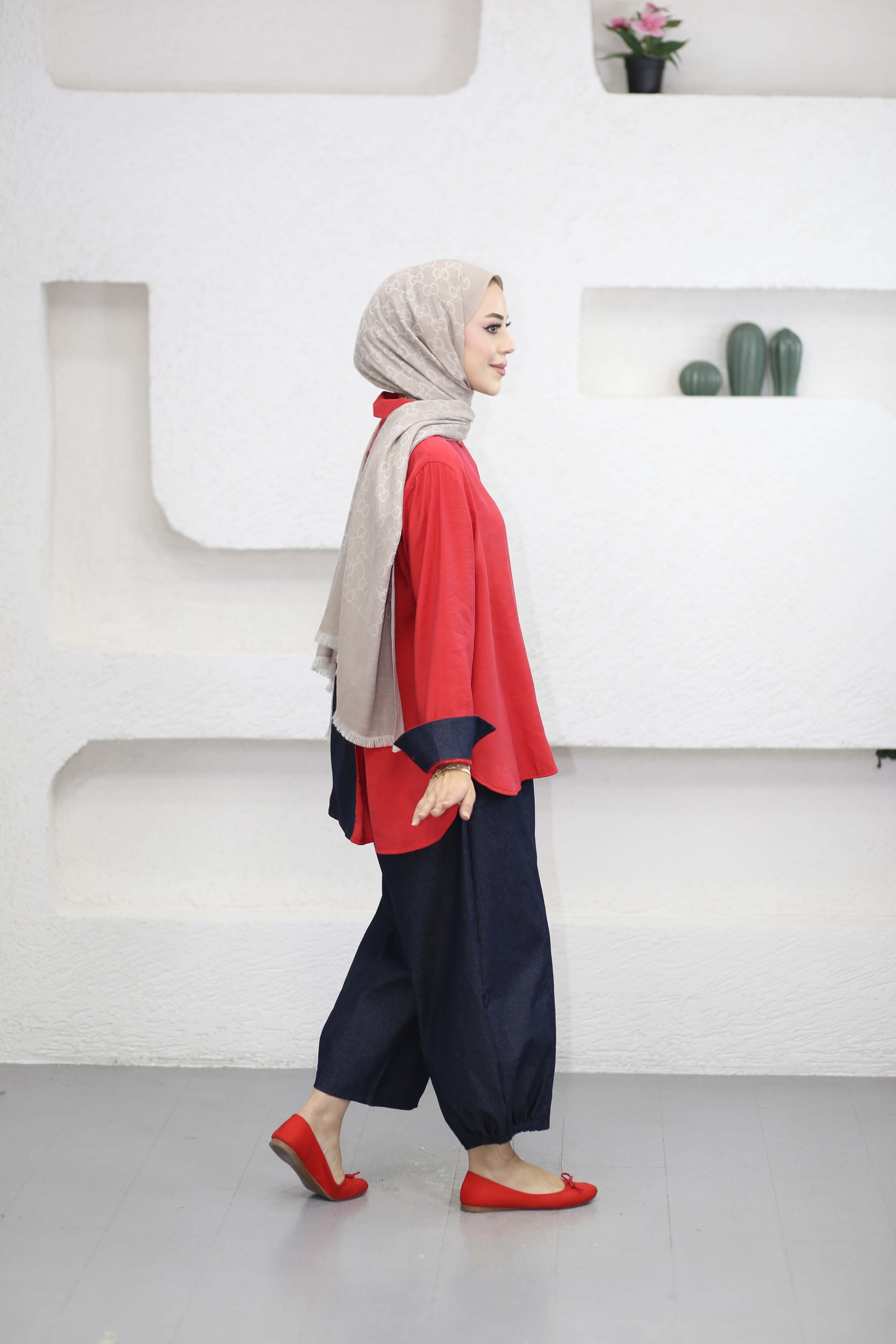 V Denim Detaylı Takım Kırmızı 3213