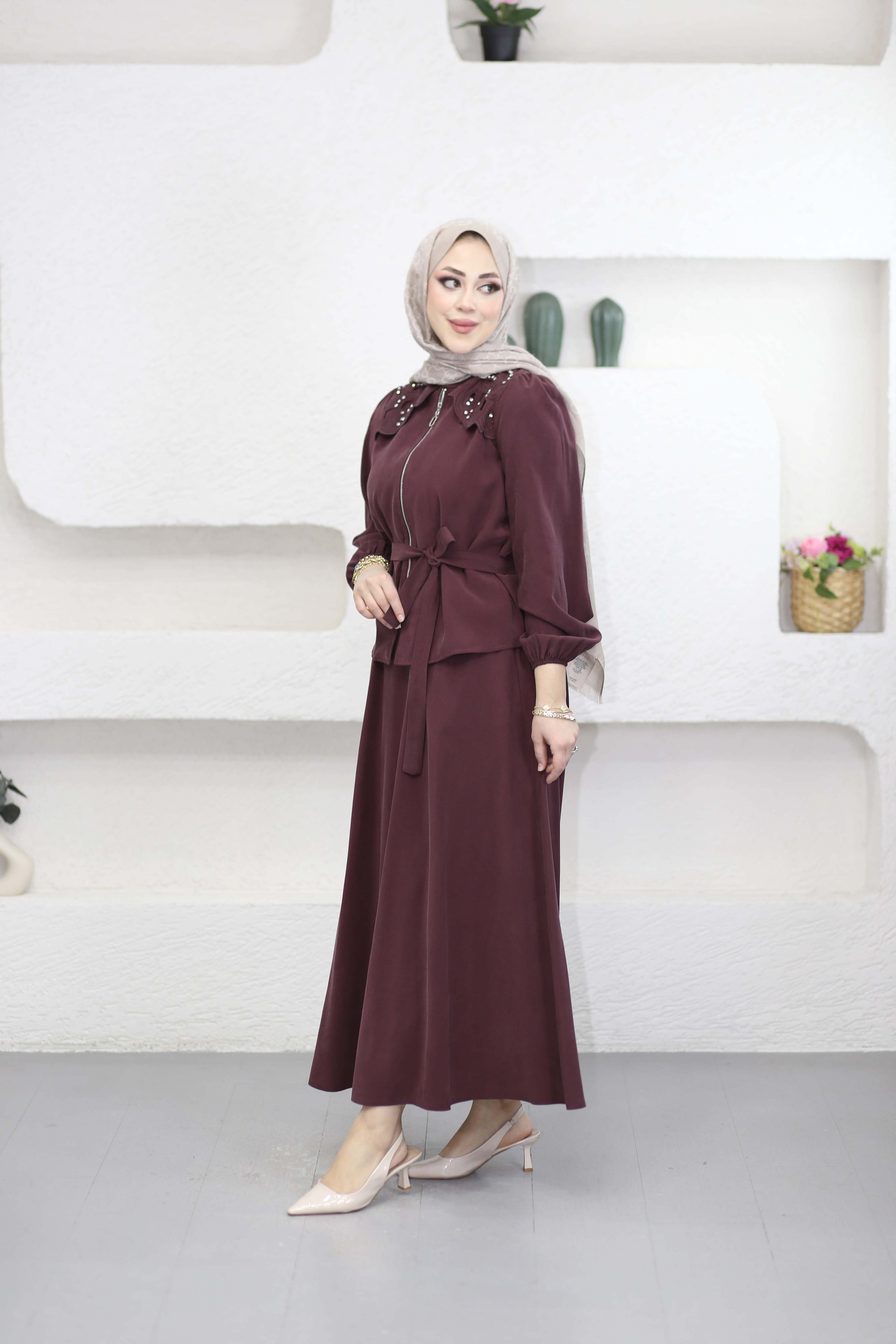 Omuz Detaylı Etek Takım Bordo 7344