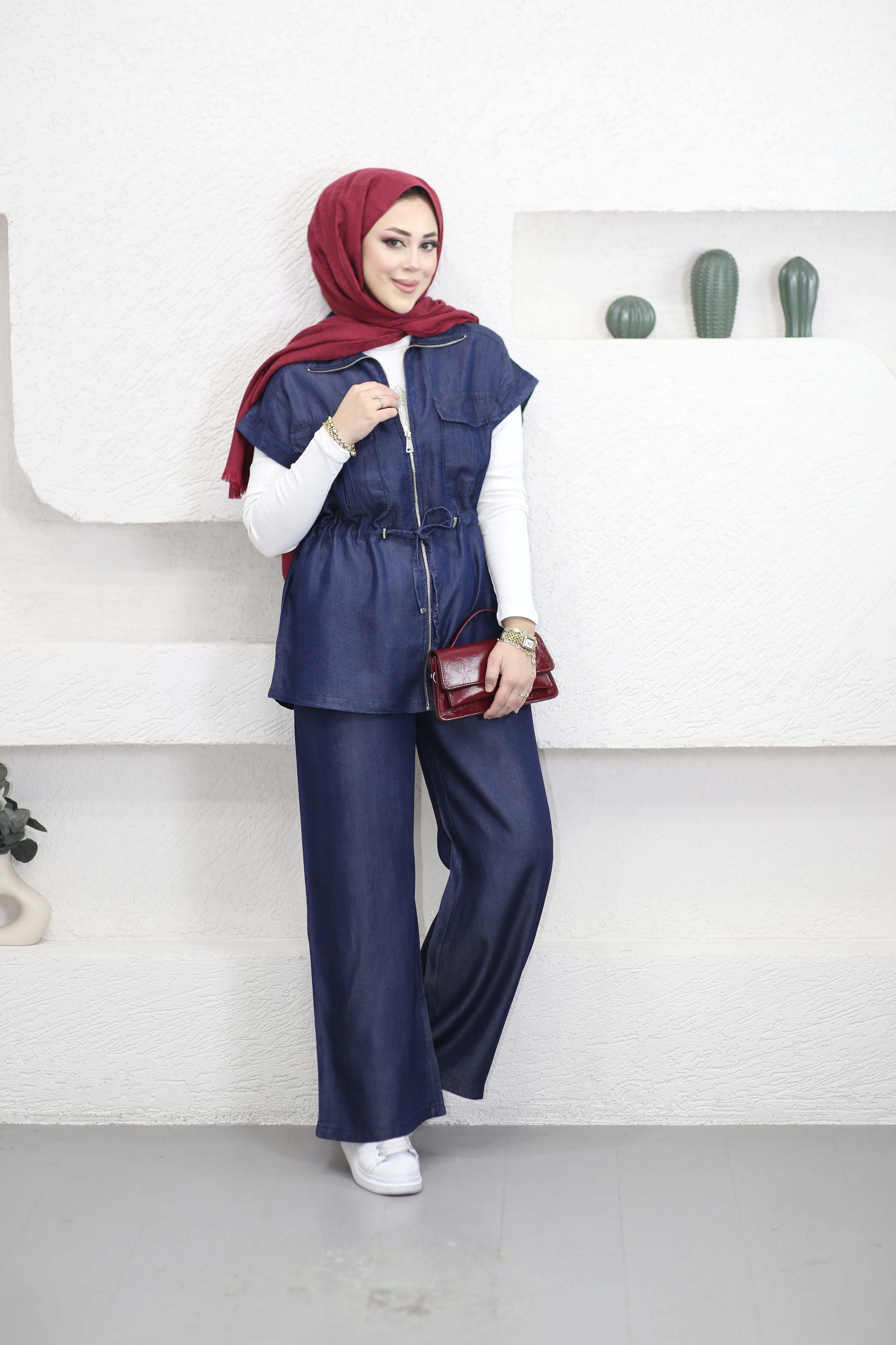 Yelekli Denim Takım Koyu Mavi 6109
