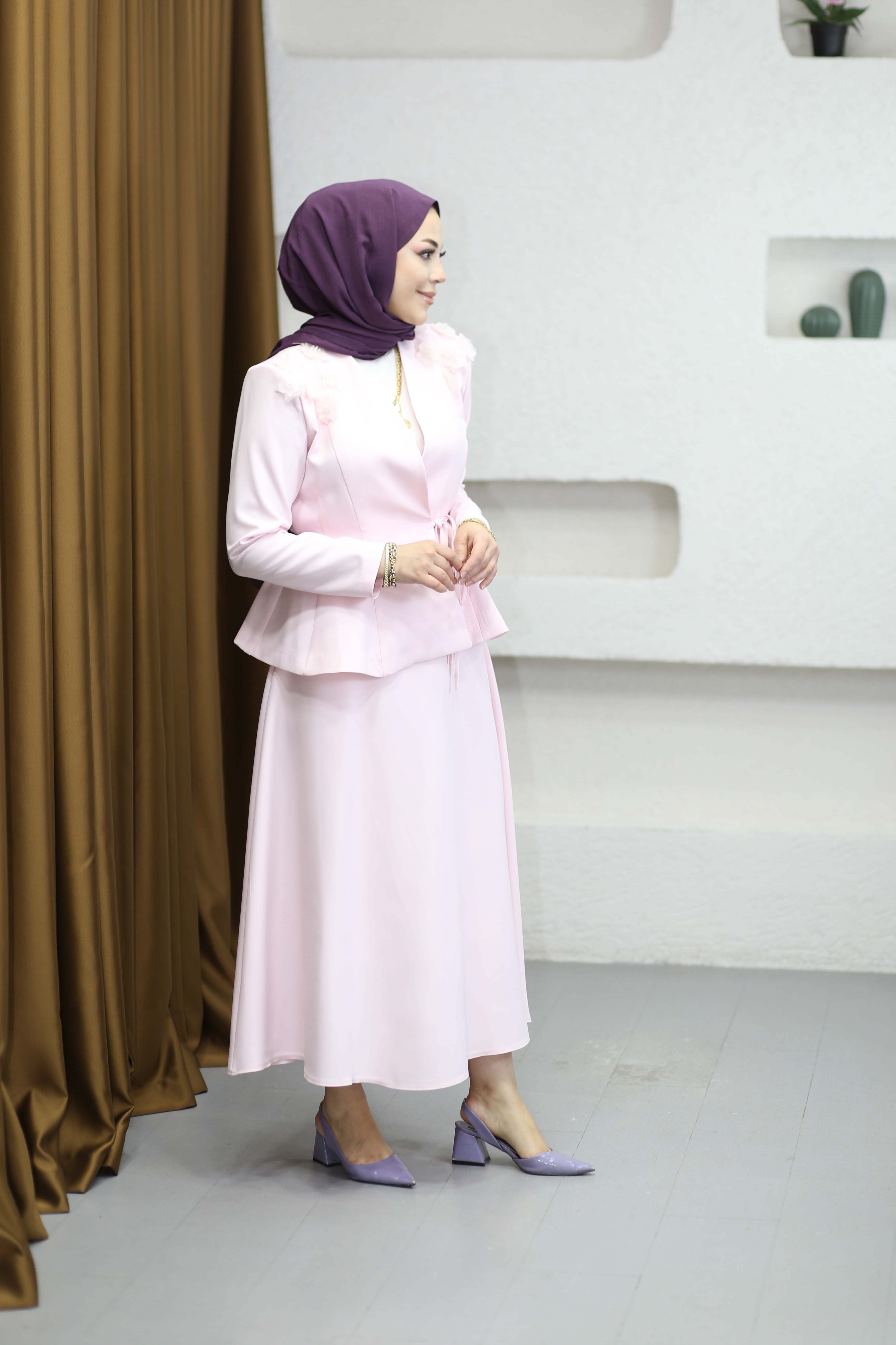 Çiçek Omuzlu Ceket Takım Pembe 7295