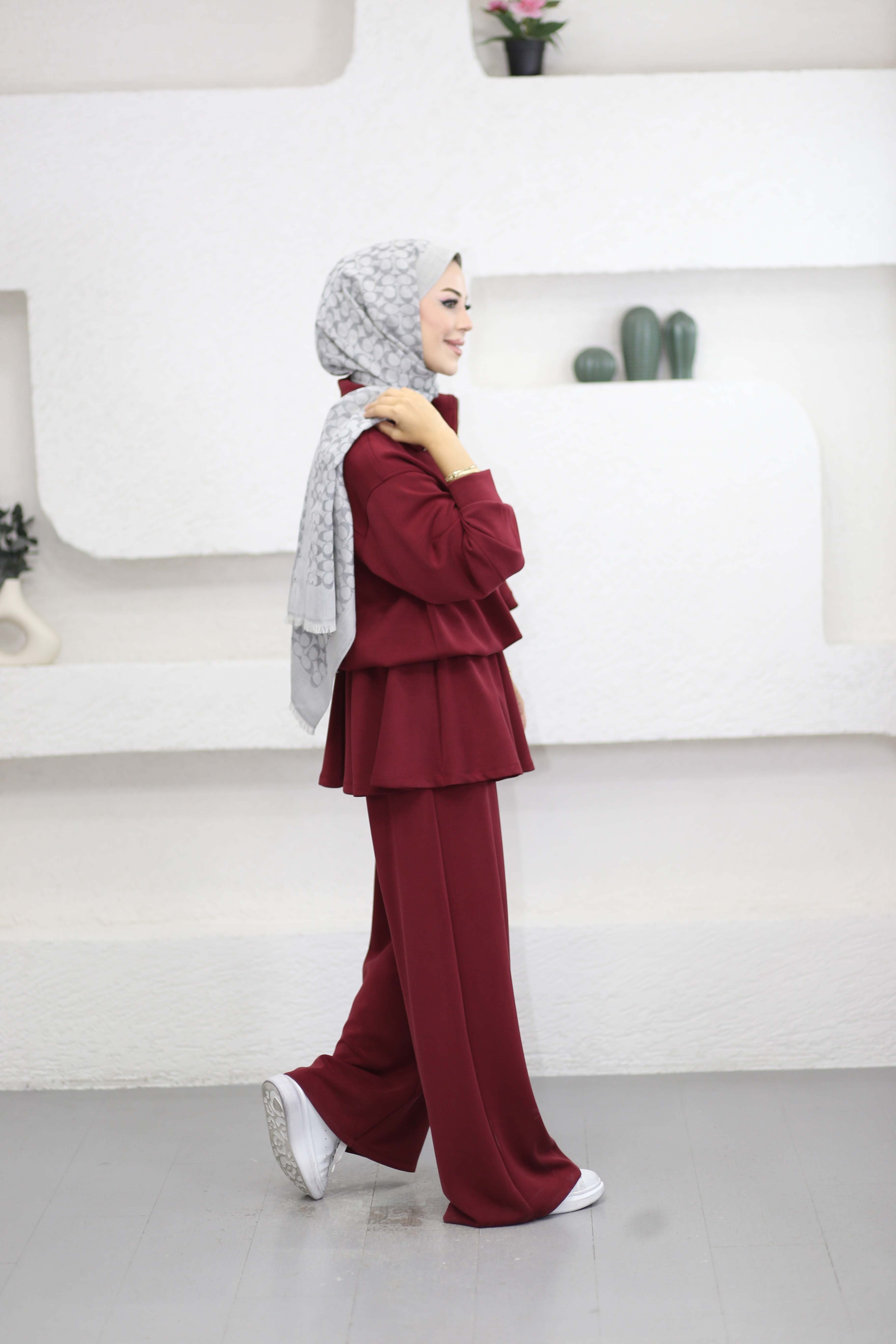 Dik Yaka Beli Büzgülü Takım Bordo 26234