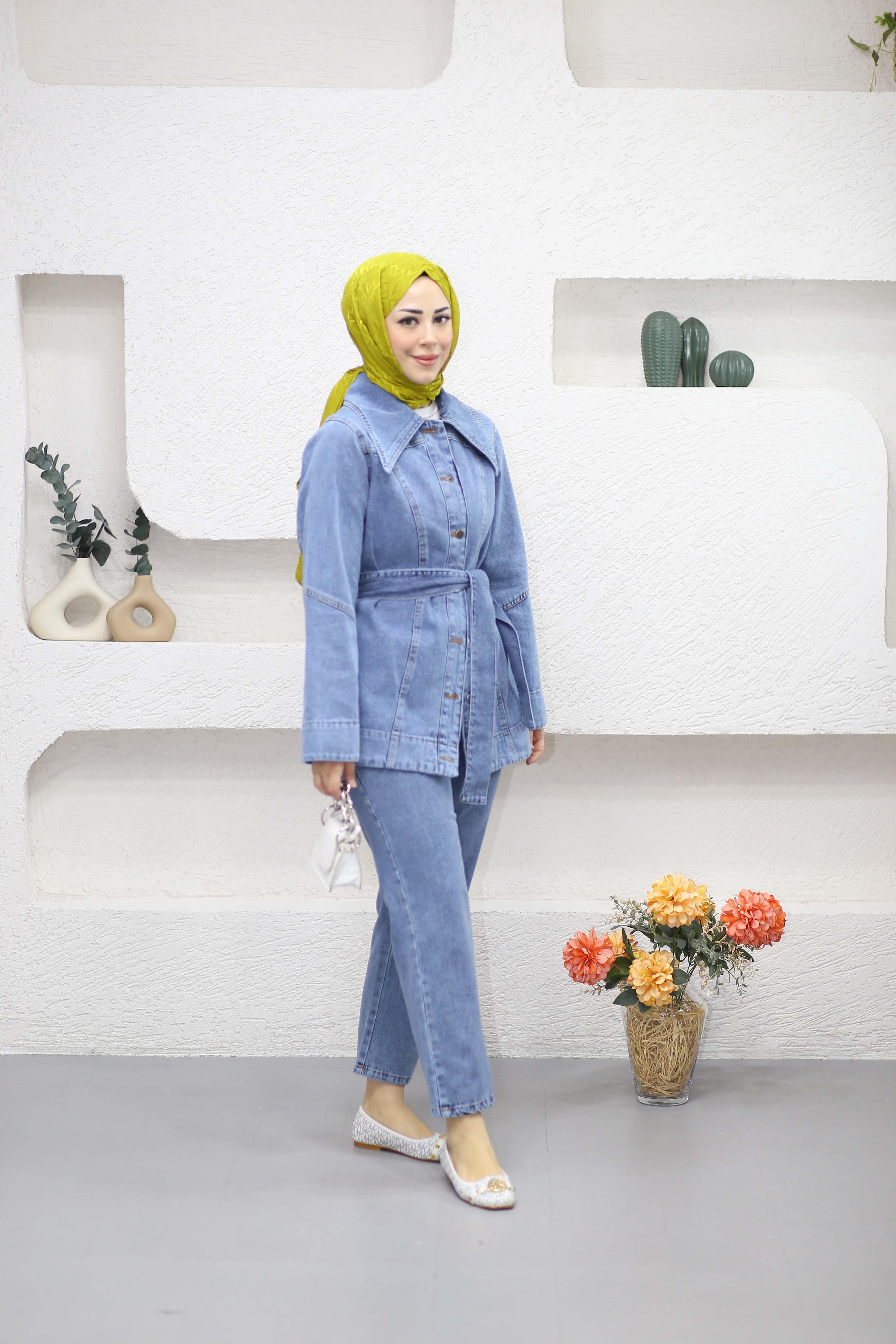 Düğmeli Denim Takım Açık Mavi 9010