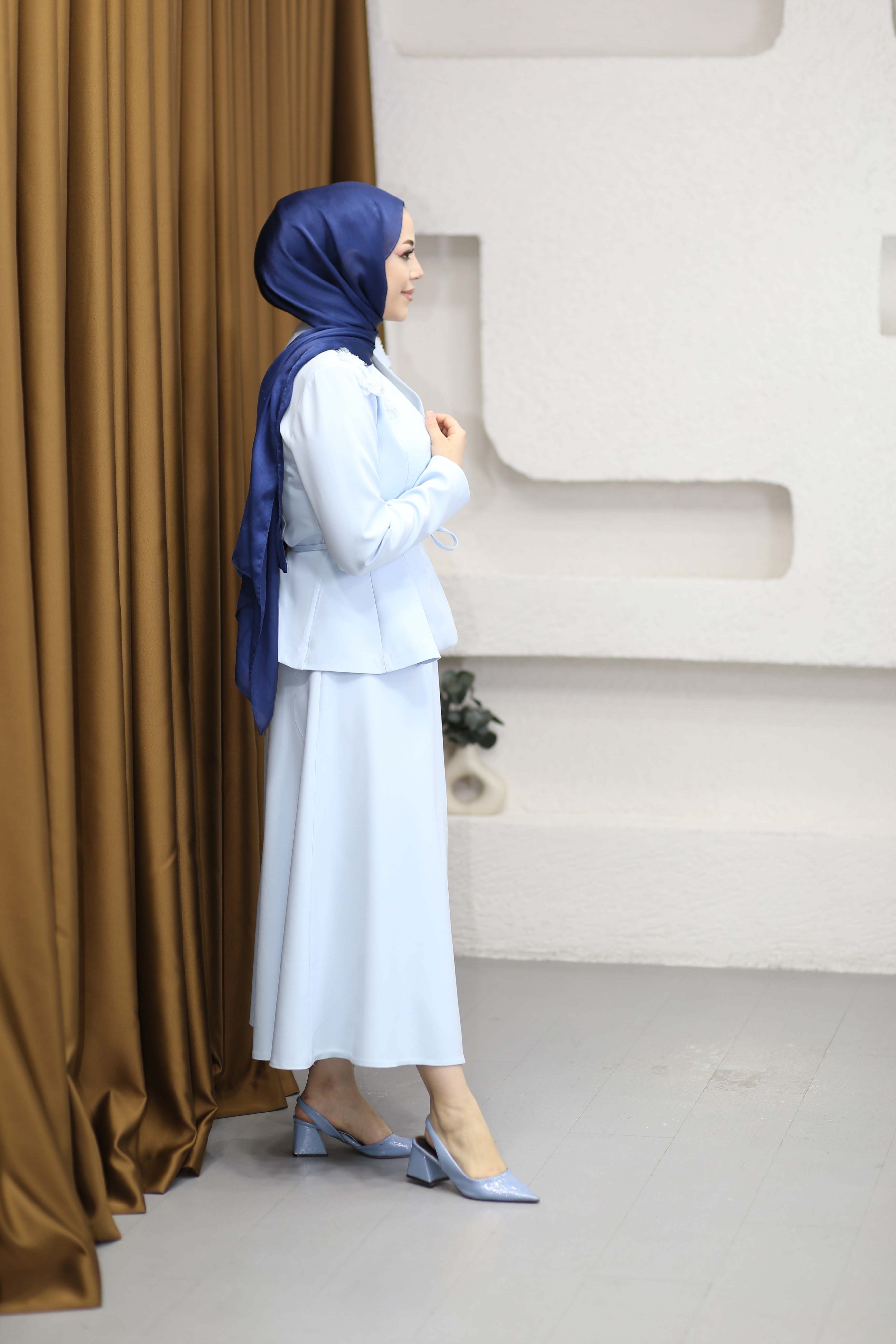 Çiçek Omuzlu Ceket Takım Bebe Mavi 7295