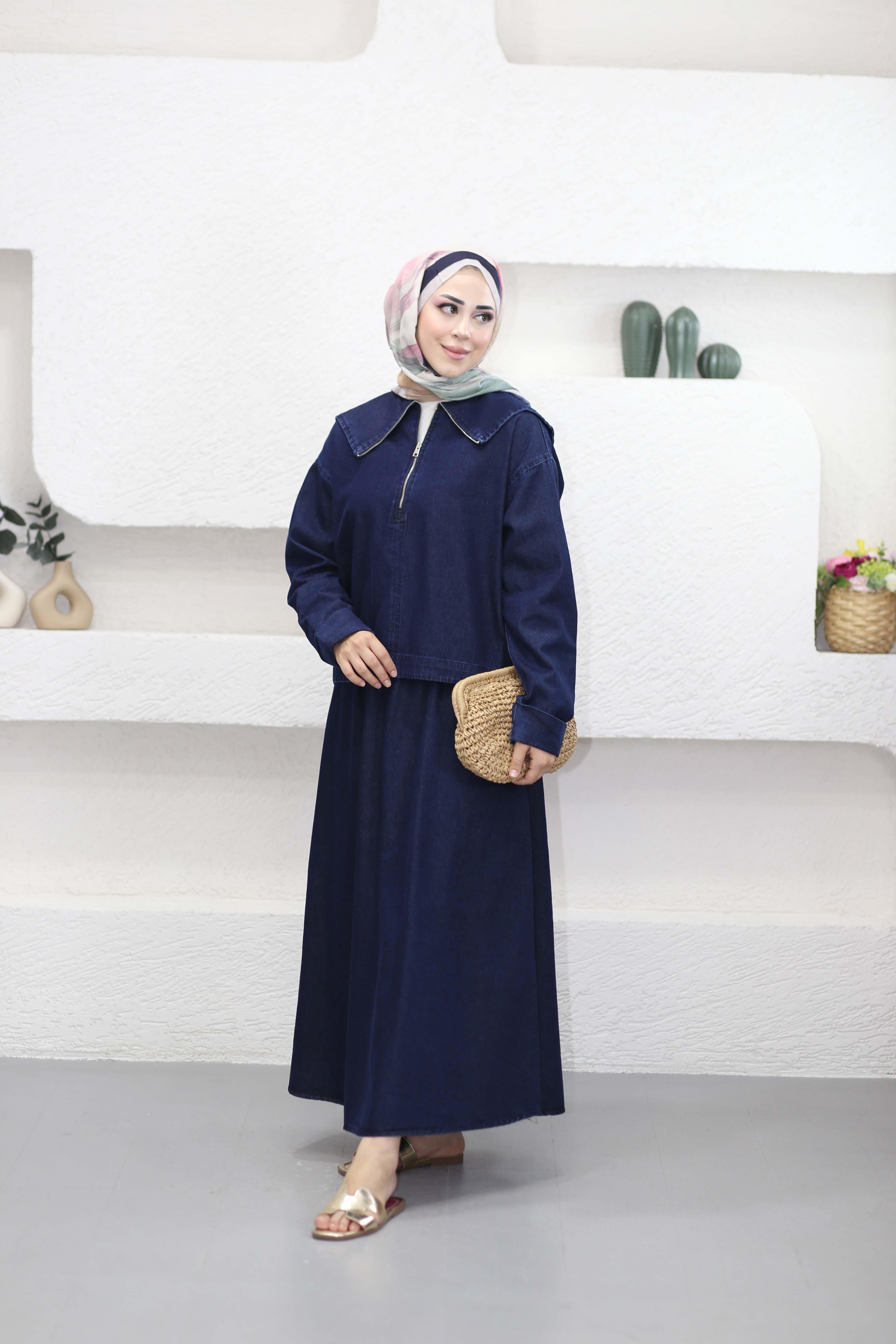 Bebe Yaka Denim Etek Takım Koyu Mavi 5852