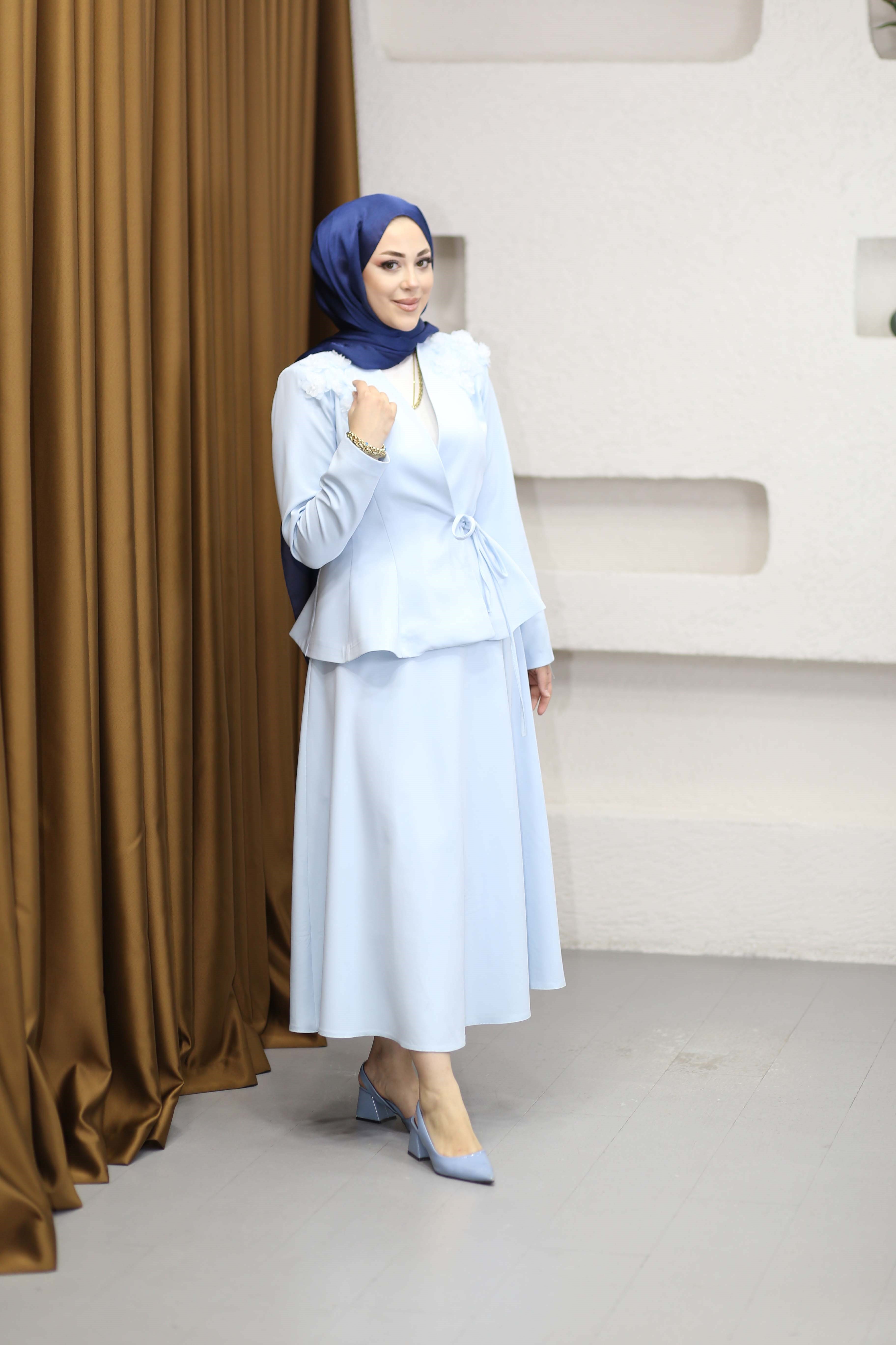 Çiçek Omuzlu Ceket Takım Bebe Mavi 7295
