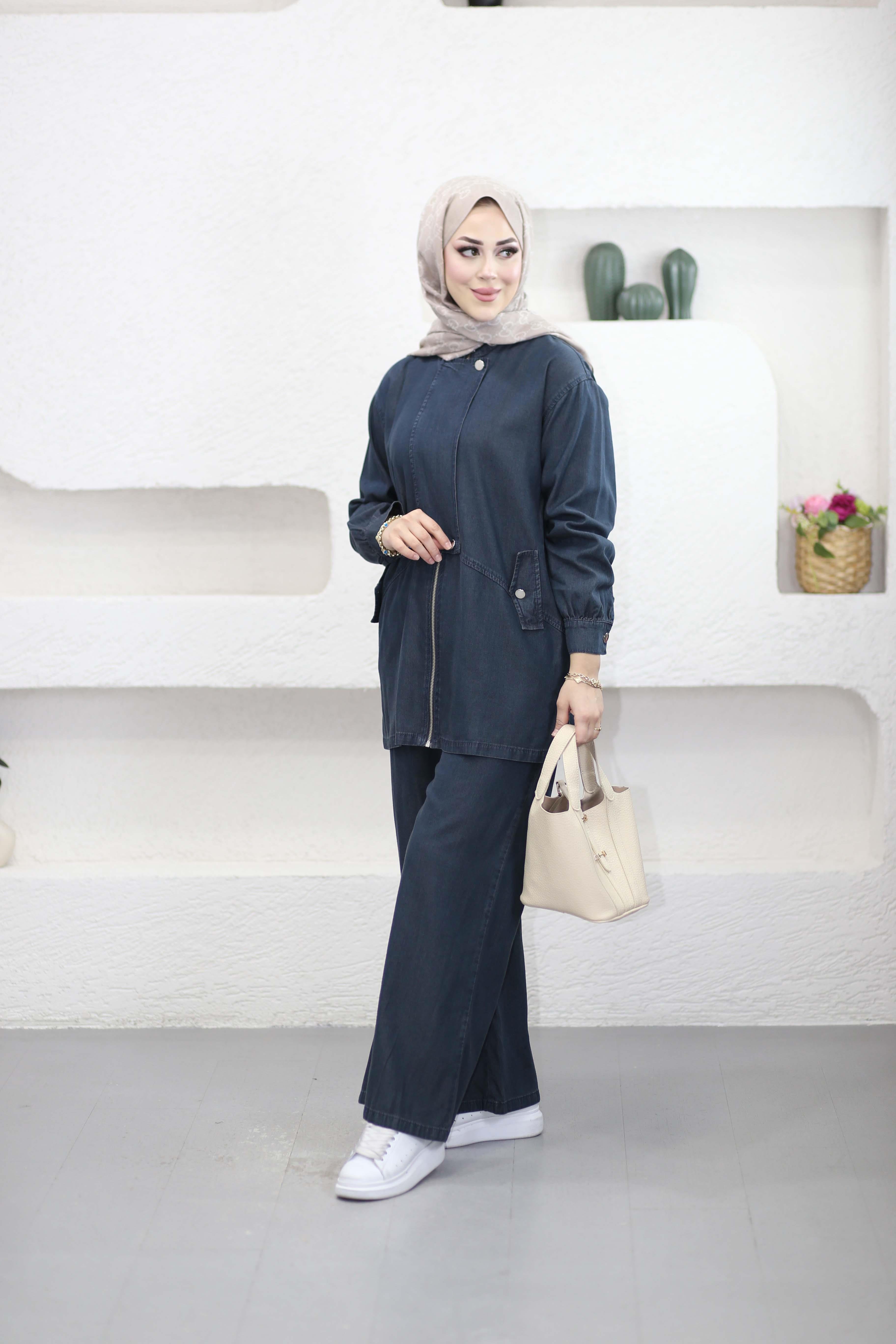 Fermuar Kapamalı Denim Takım Koyu Mavi 7490