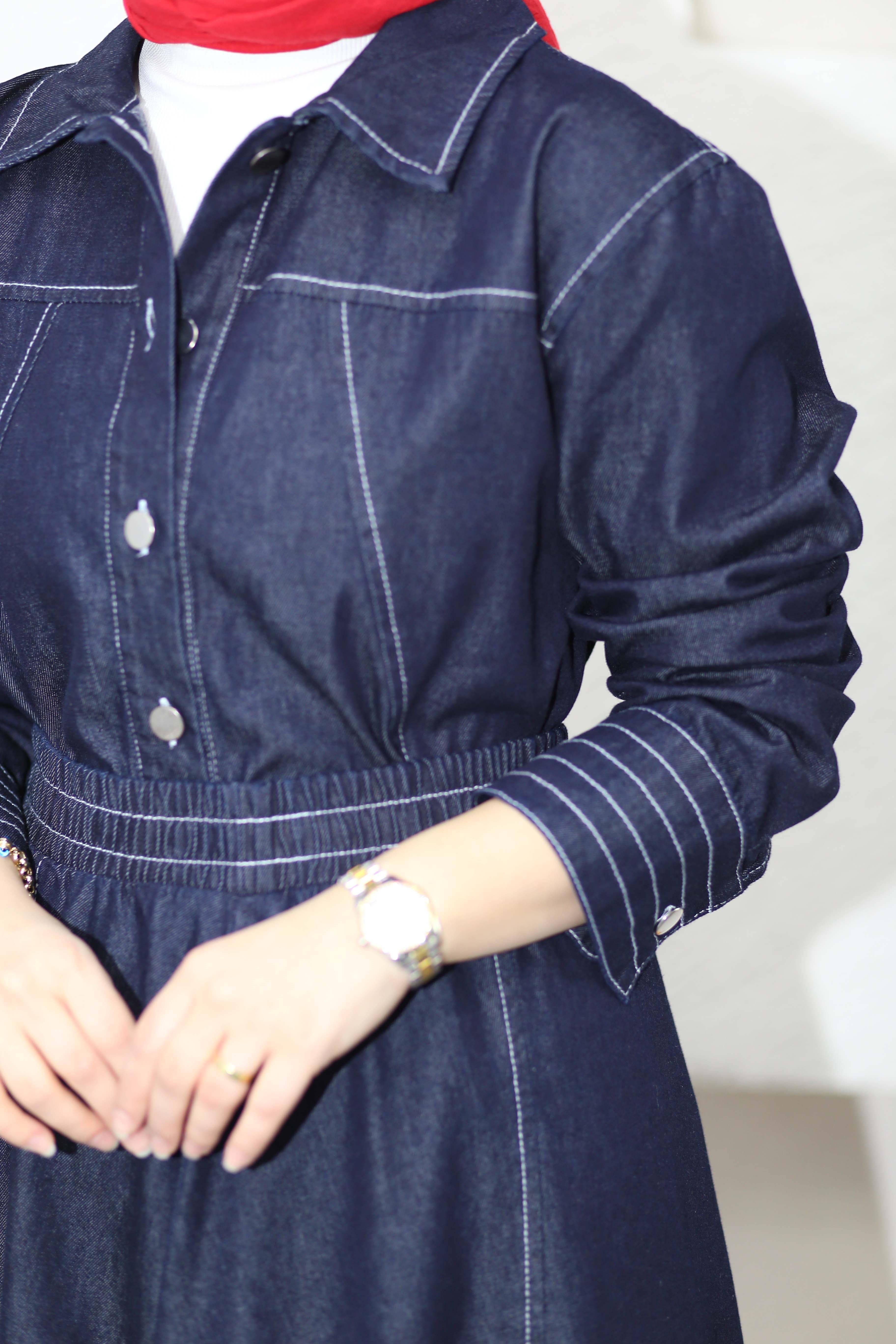 Dikiş Detaylı Denim Takım Koyu Mavi 7319