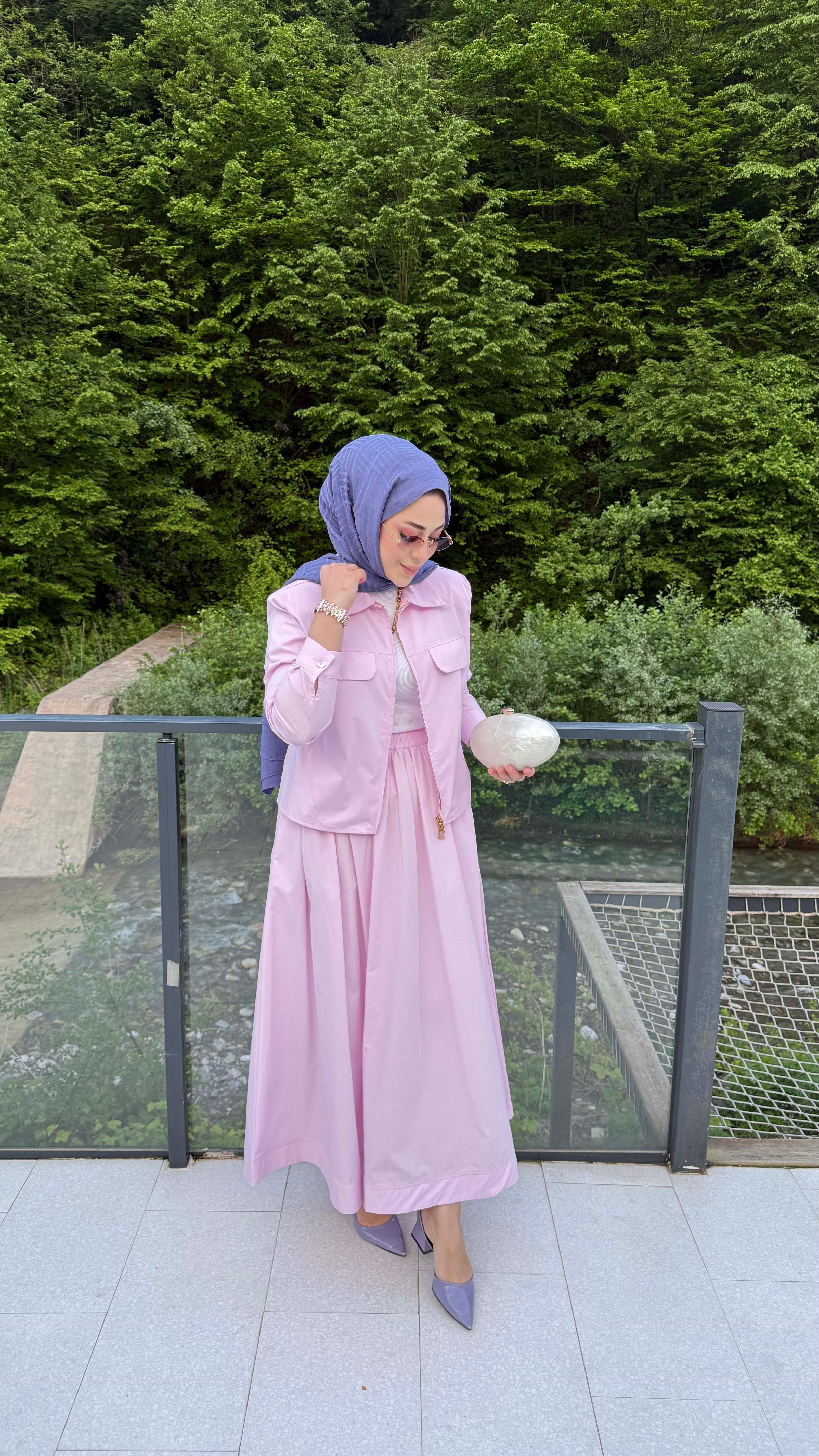 Fermuarlı Coton Etekli Takım Pembe 2163