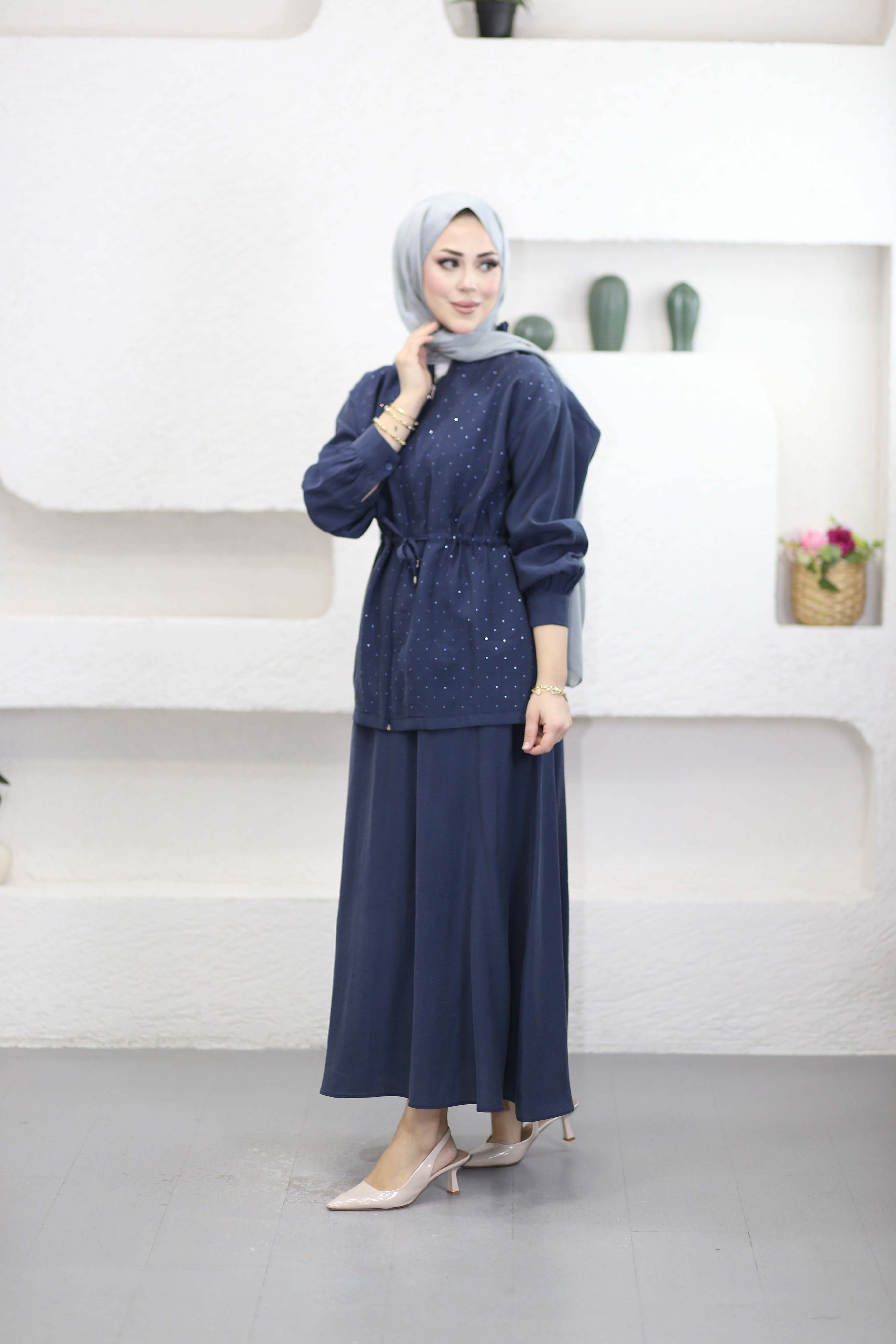 Beli Tünelli Etekli Shine Takım Lacivert 4466