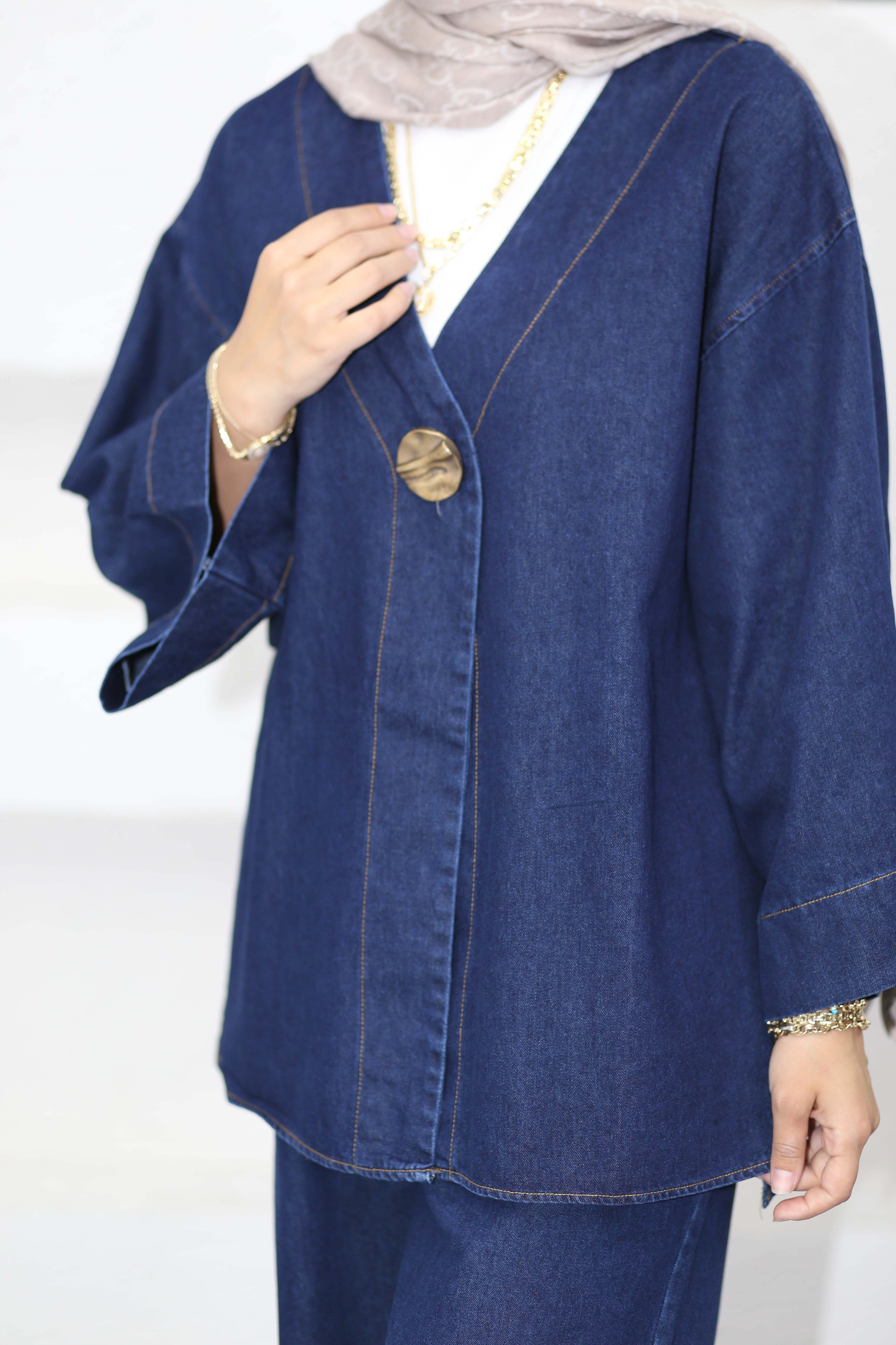 Broşlu Denim Takım Koyu Mavi 9149