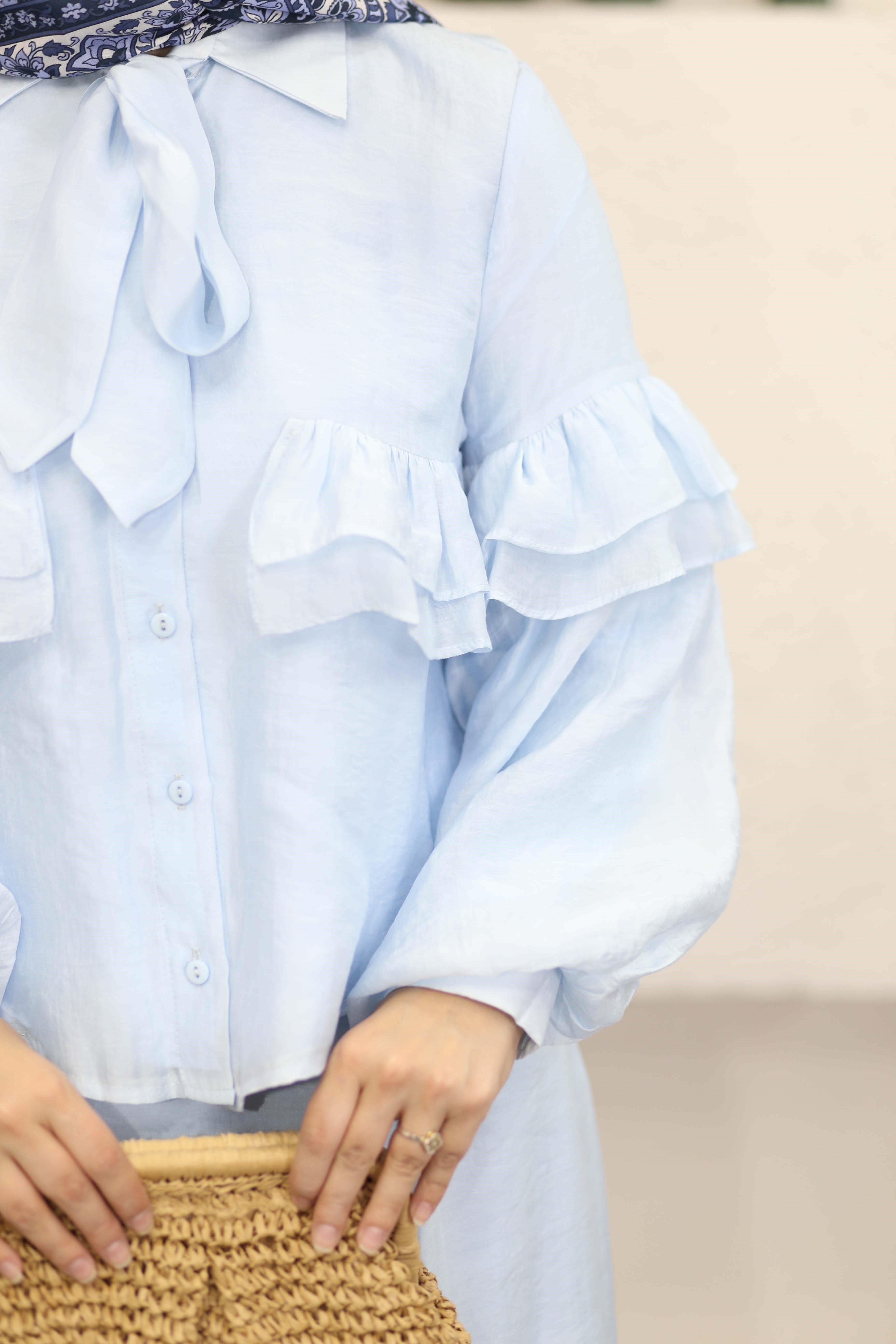 Yaka Kuşaklı Fırfır Takım Bebe Mavi 3229
