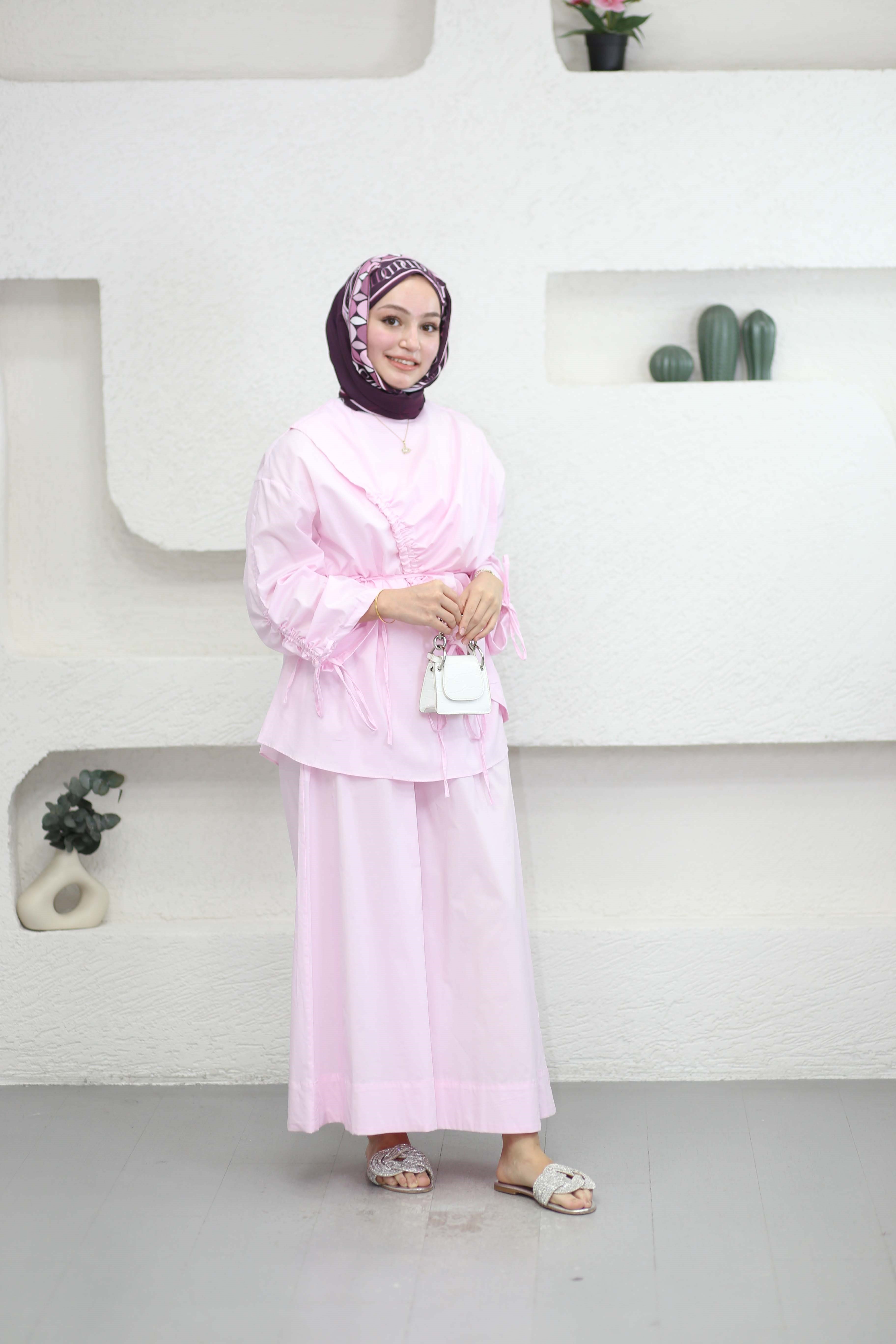 Biye Detaylı Poplin Takım Pembe 8859