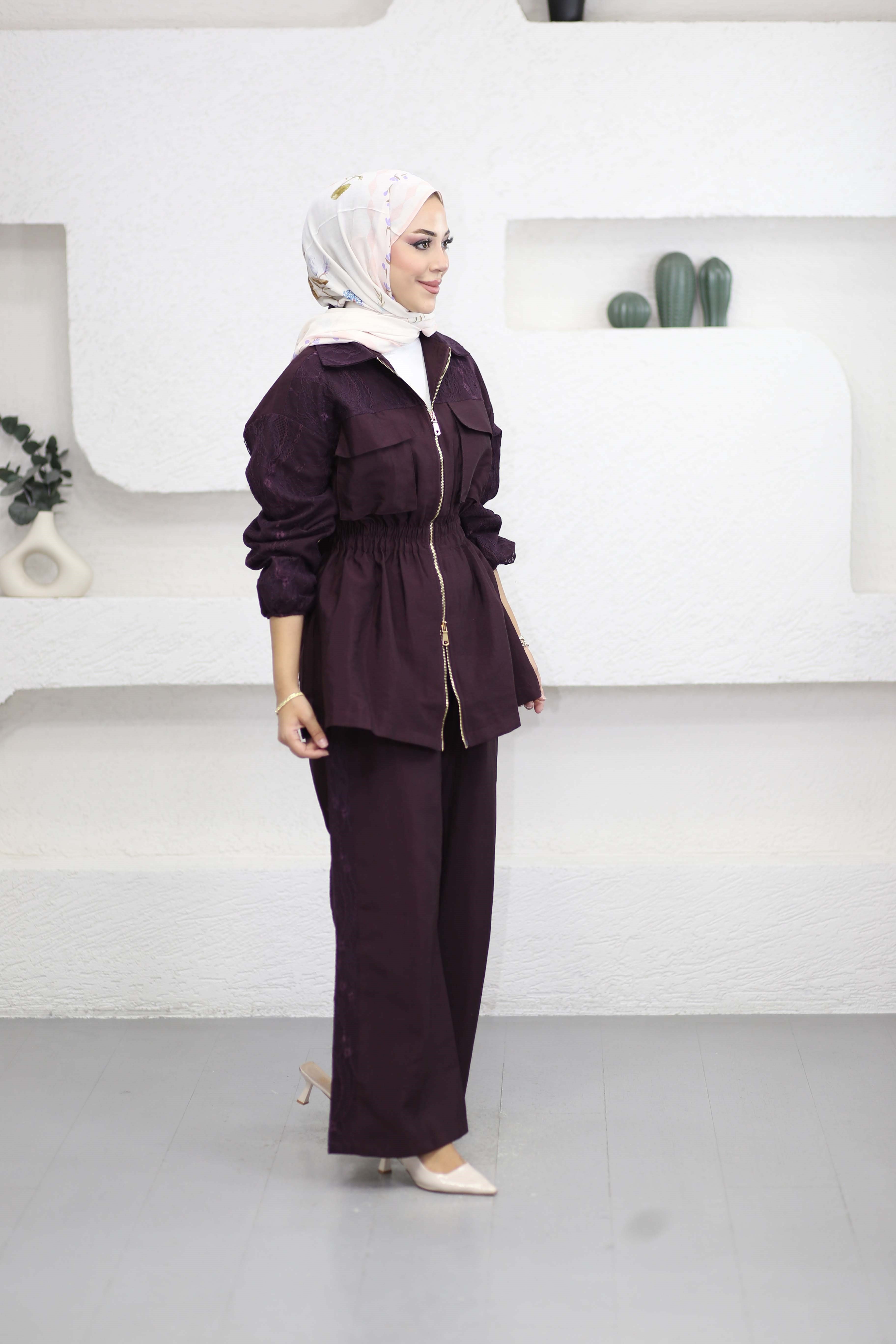 Dantel Detaylı Takım Bordo 074