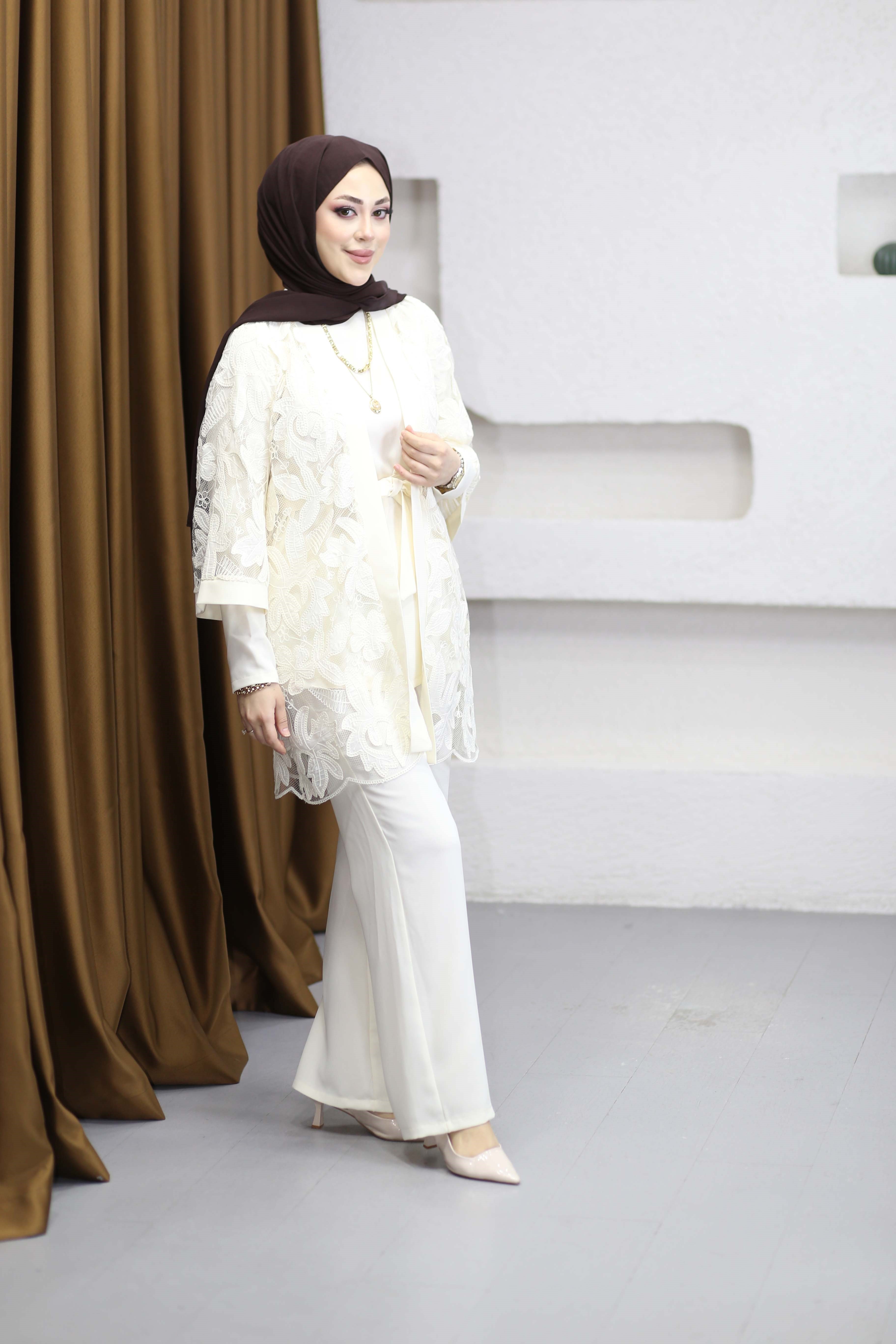 Krep Kimono Takım Krem 7357