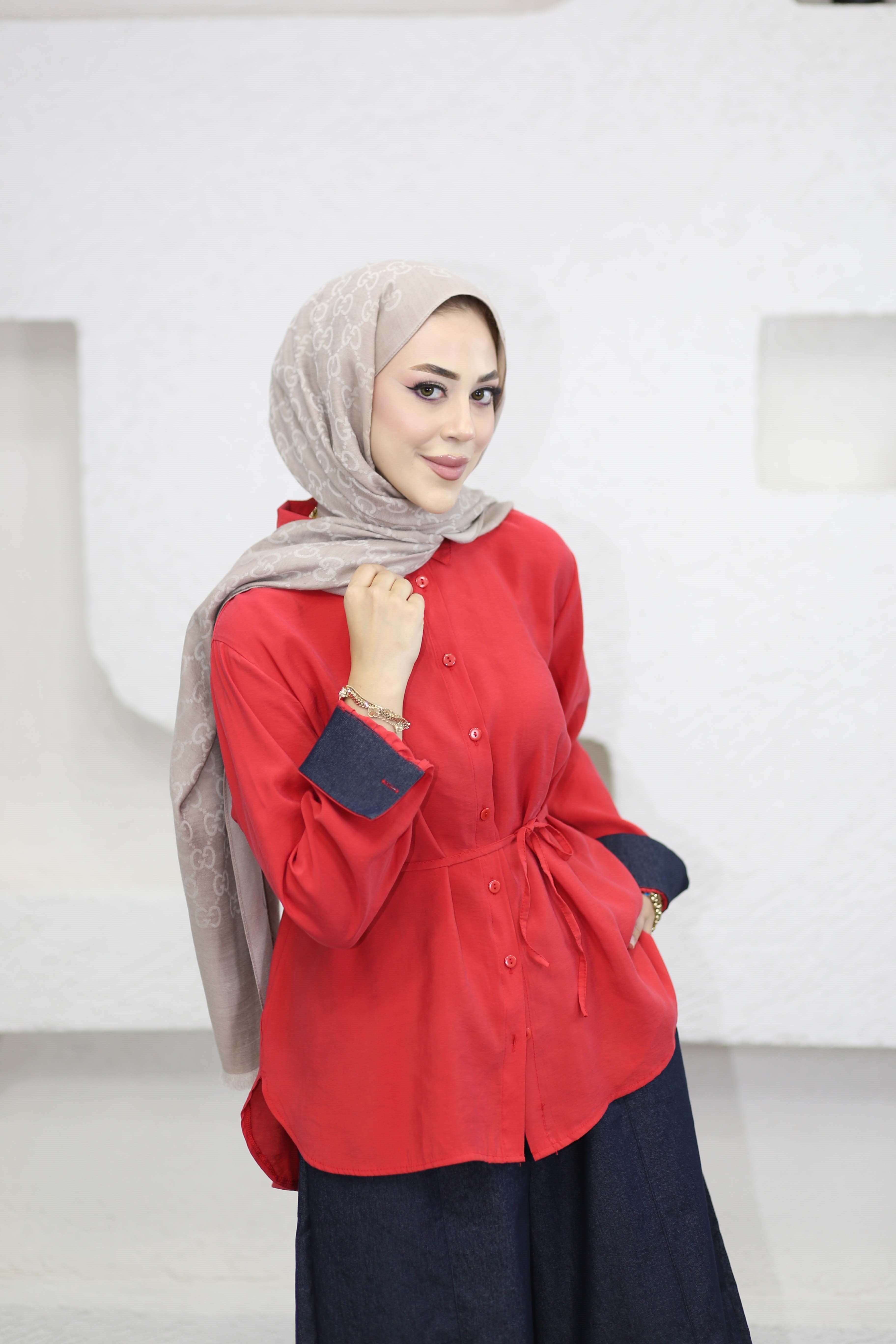 V Denim Detaylı Takım Kırmızı 3213