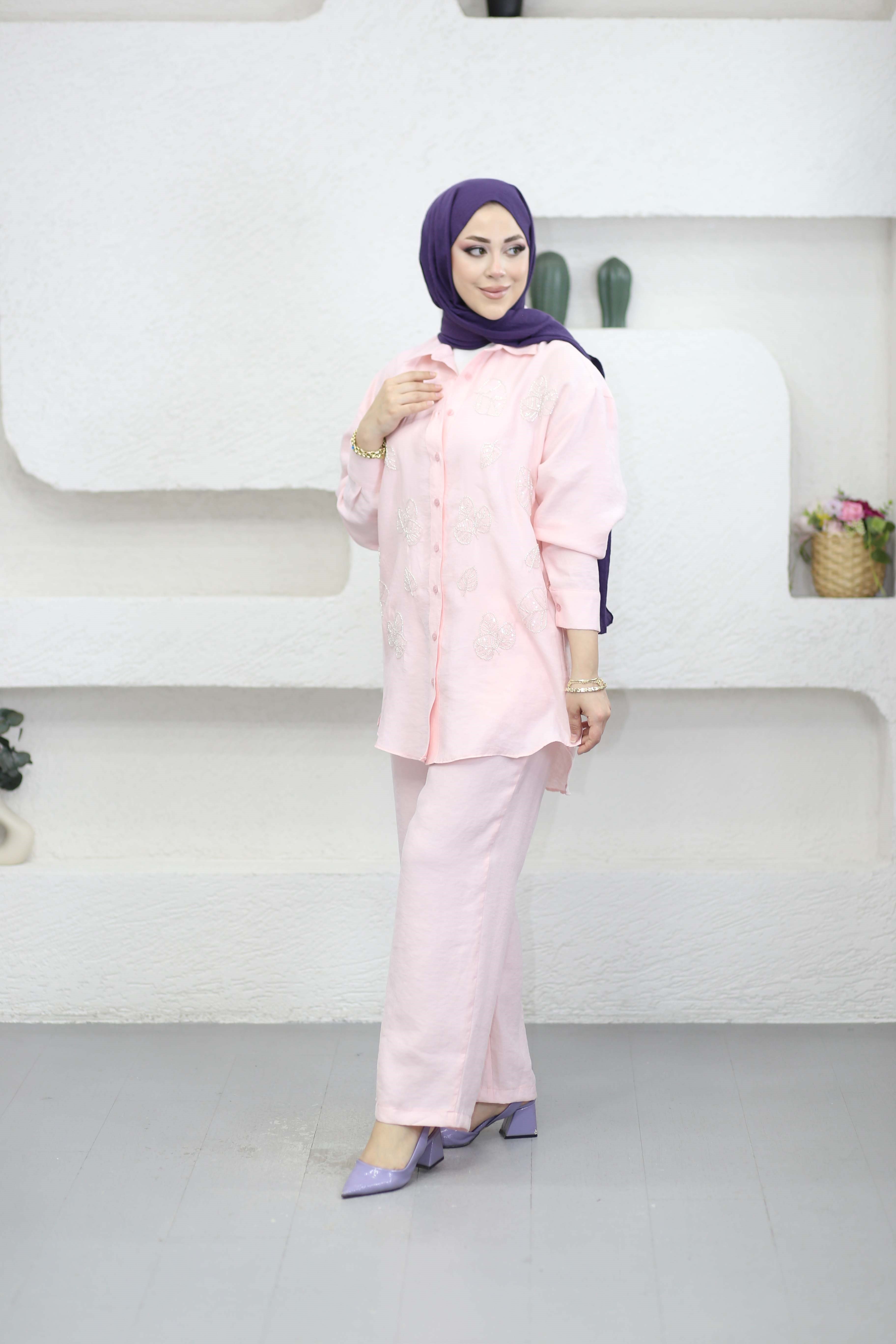 Yaprak  Desenli Takım Pembe 1544