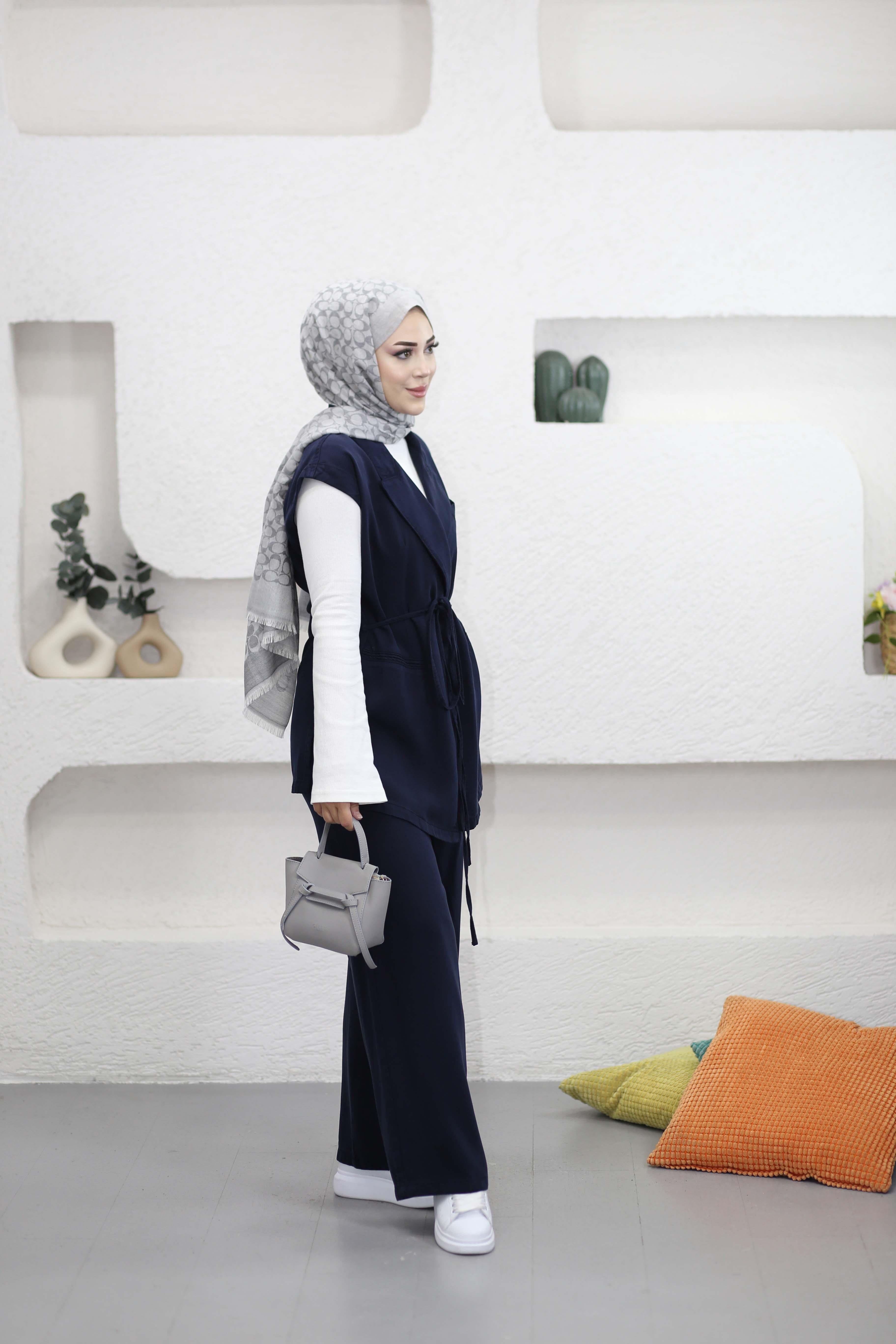 Bağlamalı Denim Yelek Takım Lacivert 7422