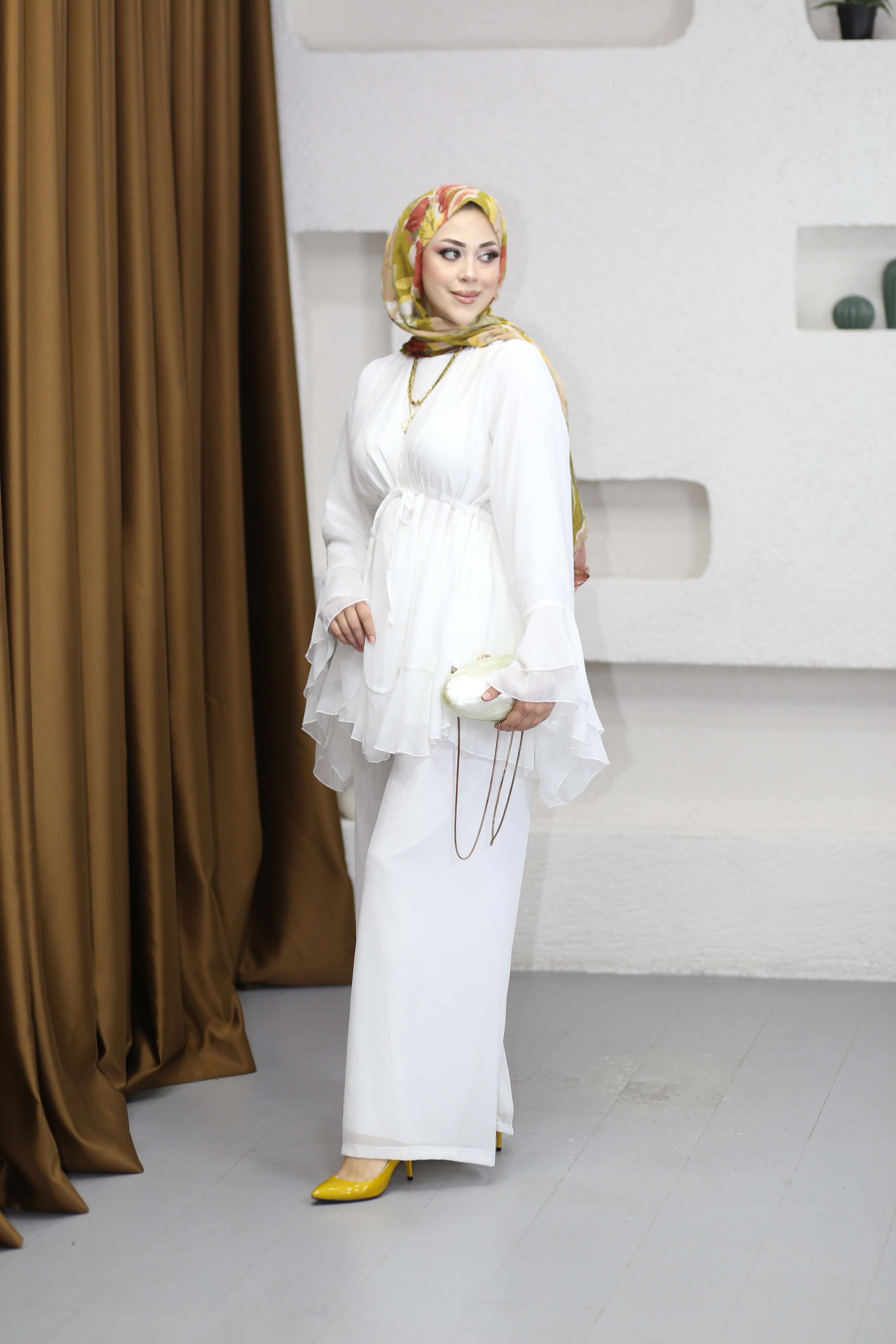 Bel Tünelli Şifon Takım Beyaz 8418
