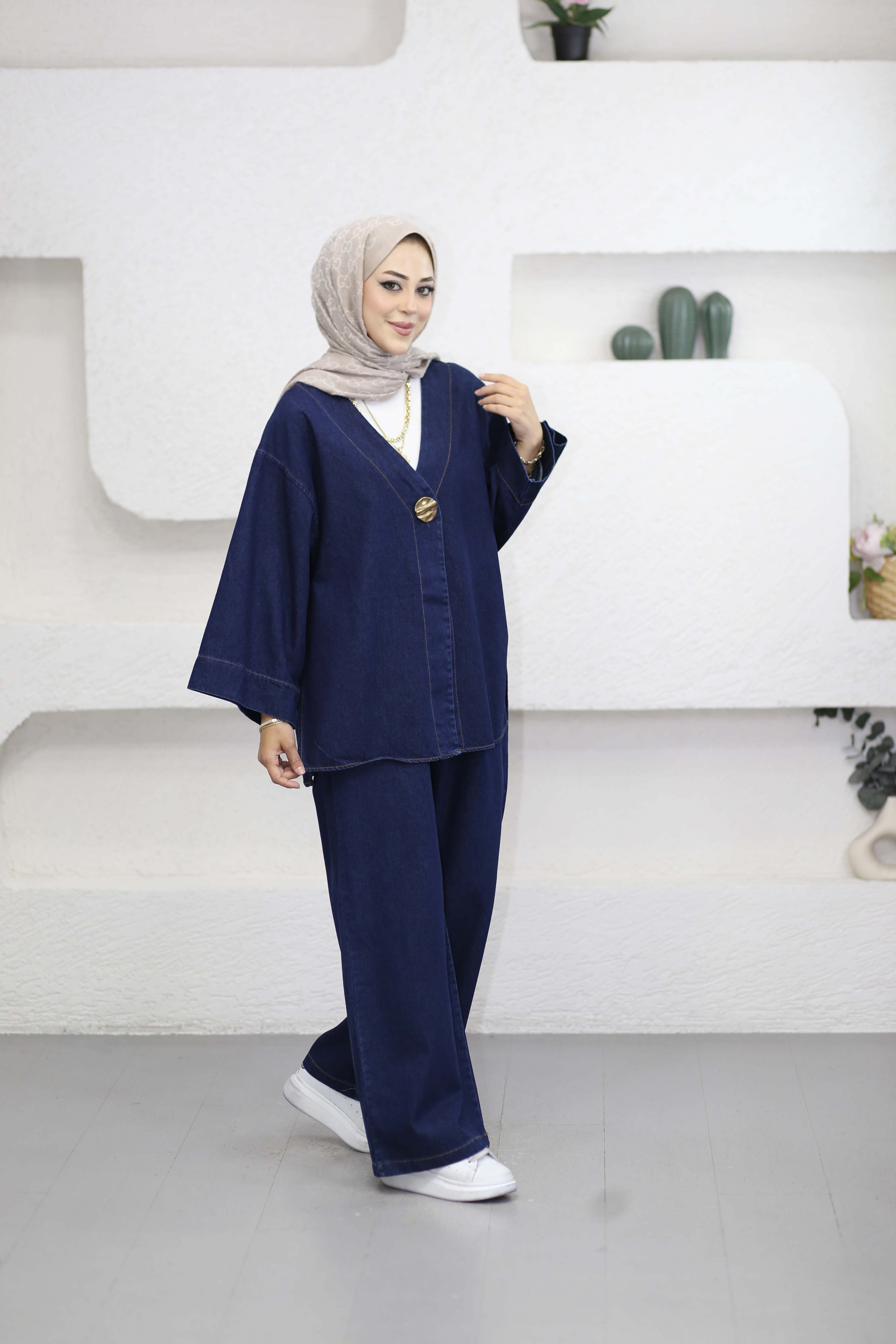 Broşlu Denim Takım Koyu Mavi 9149