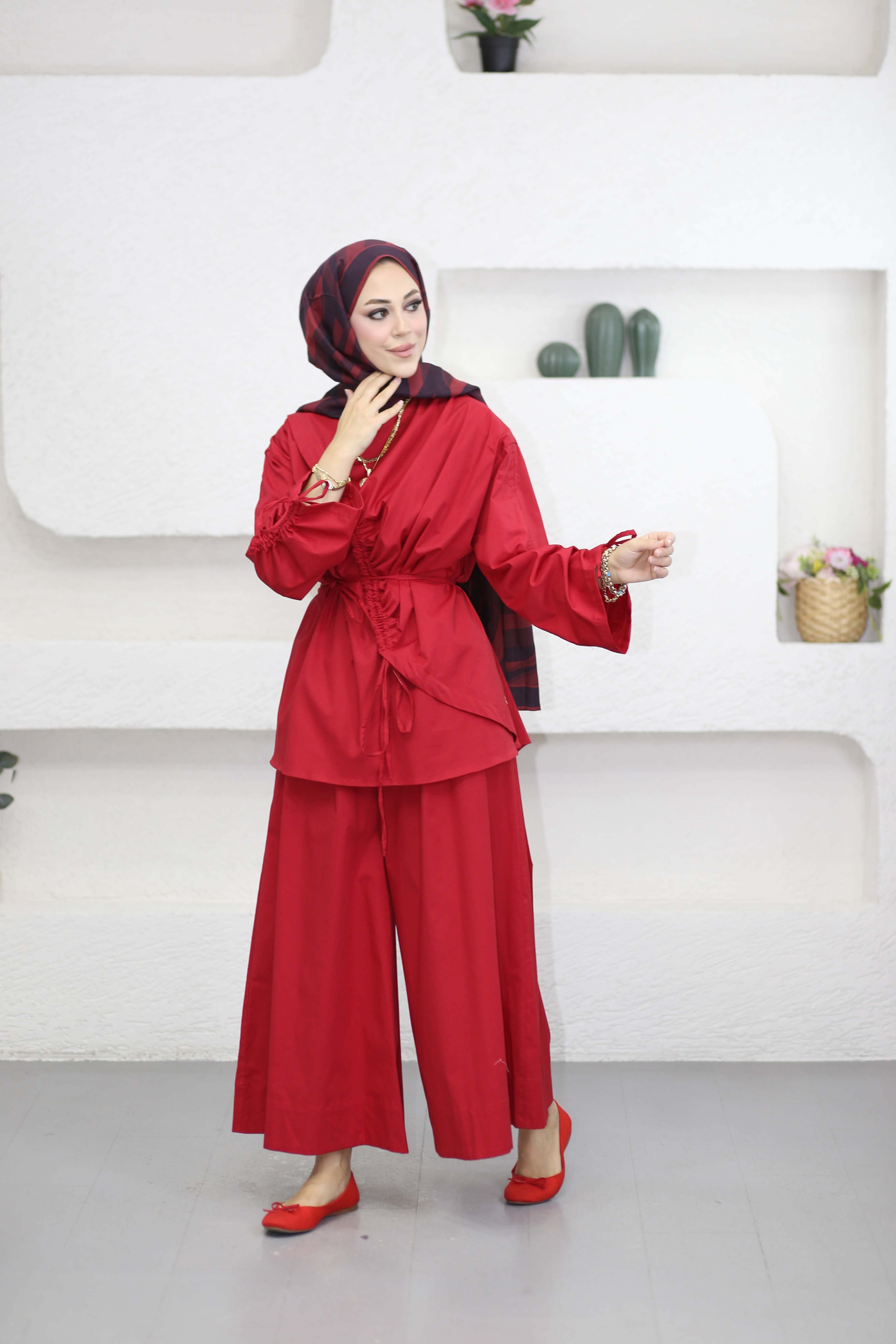 Biye Detaylı Poplin Takım Kırmızı 8859