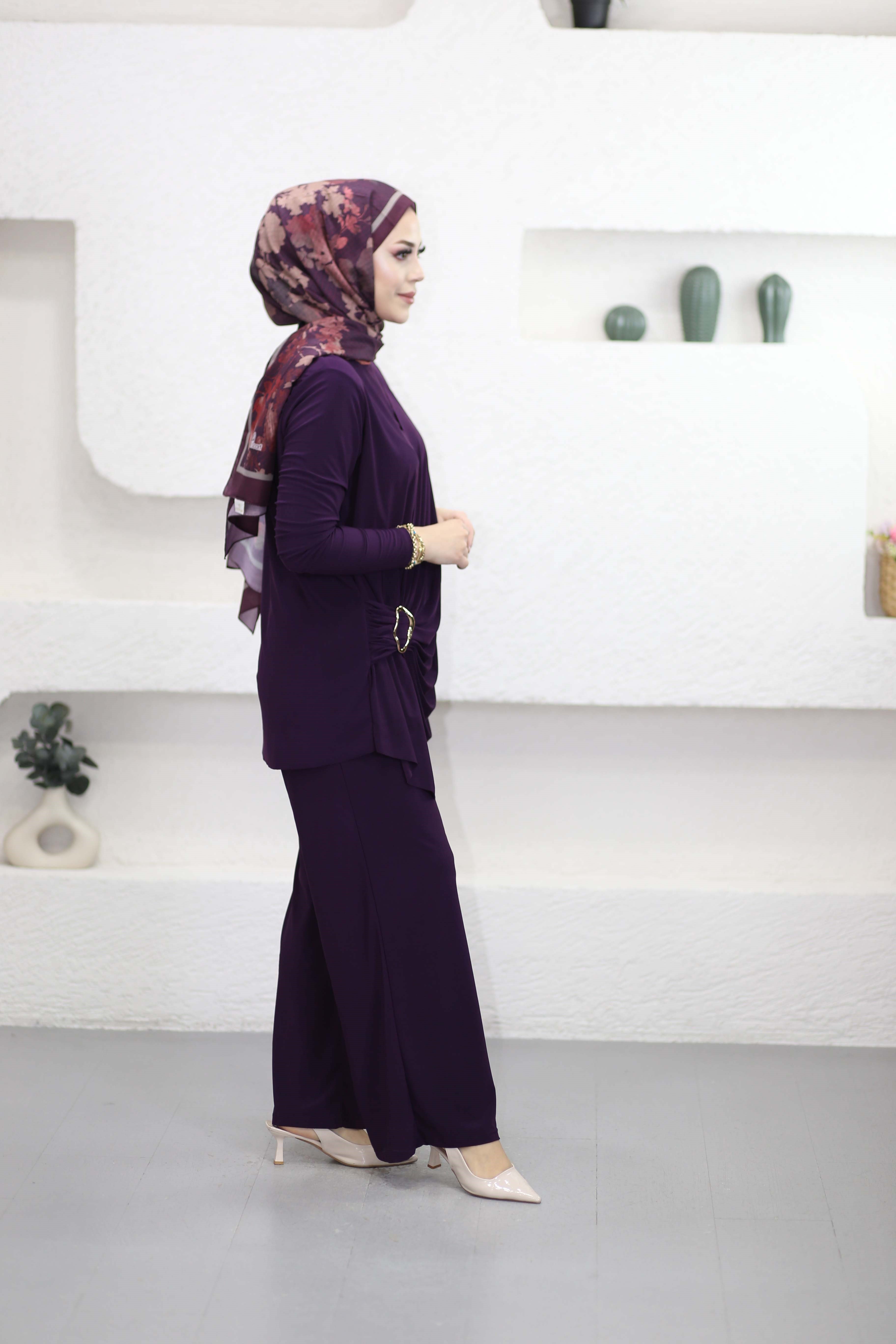 Yanı Toka Büzgülü Pantolonlu Takım Mor 4225