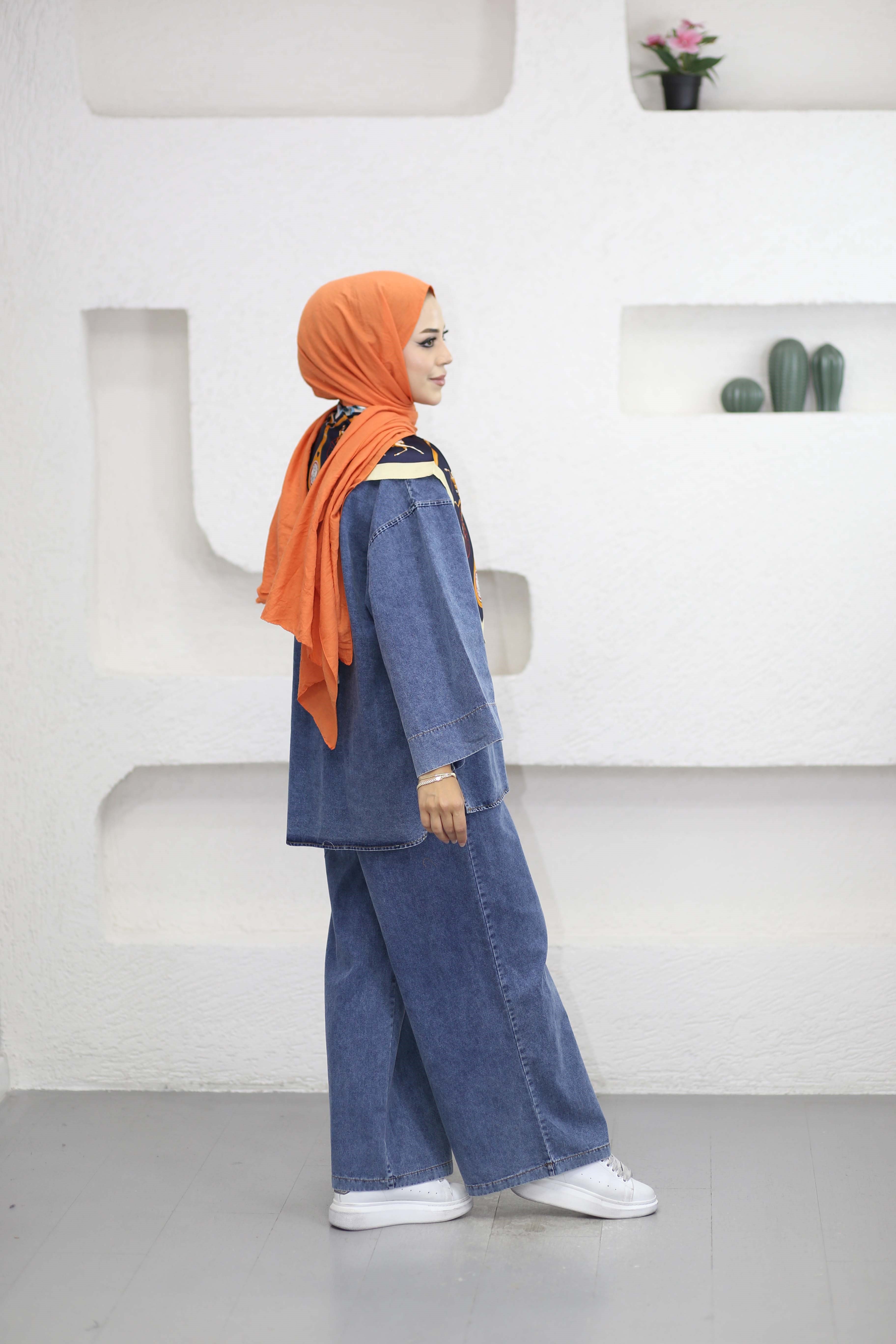 Broşlu Denim Takım Açık Mavi 9149