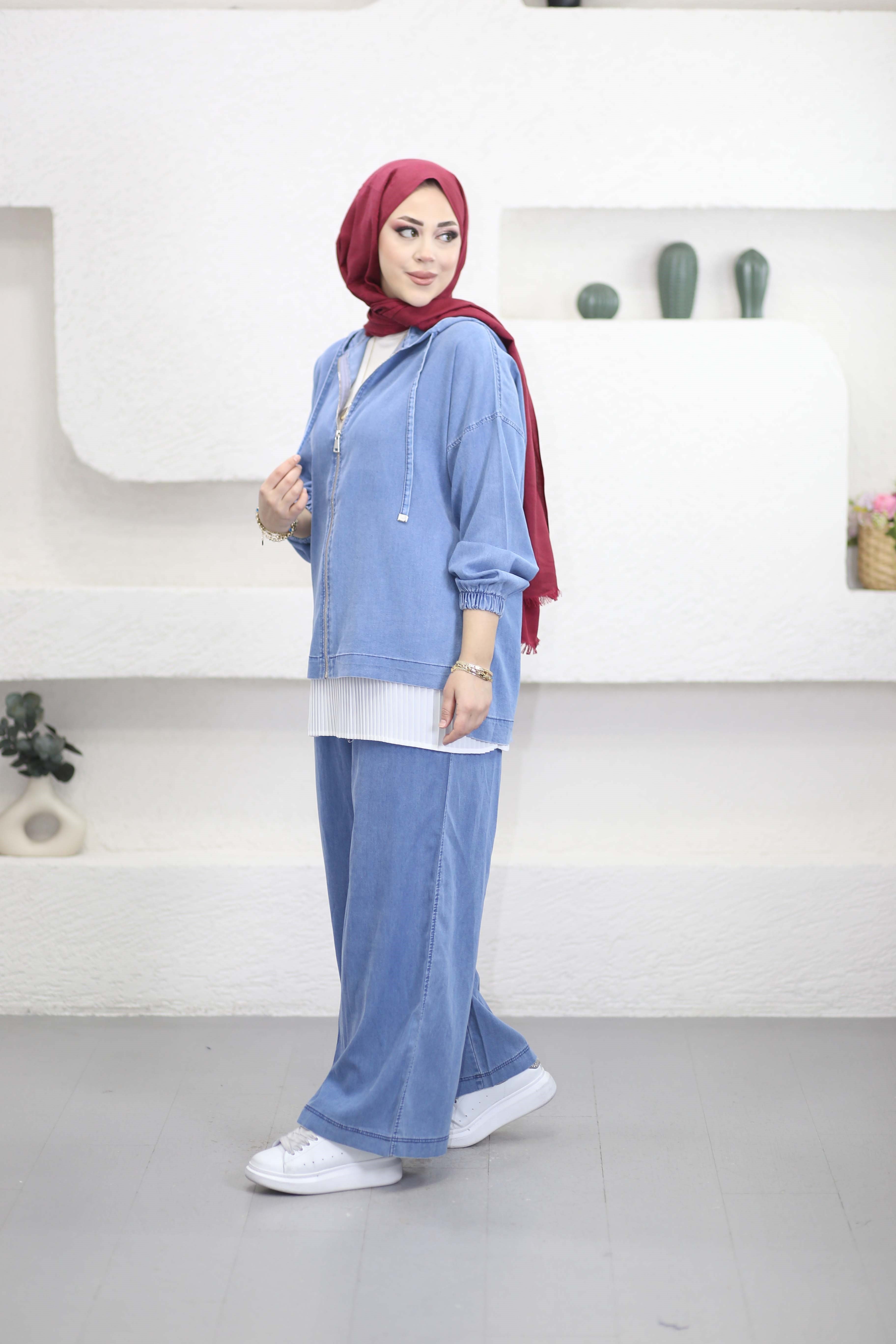 Fermuar Yaka Denim Takım Açık Mavi 5869