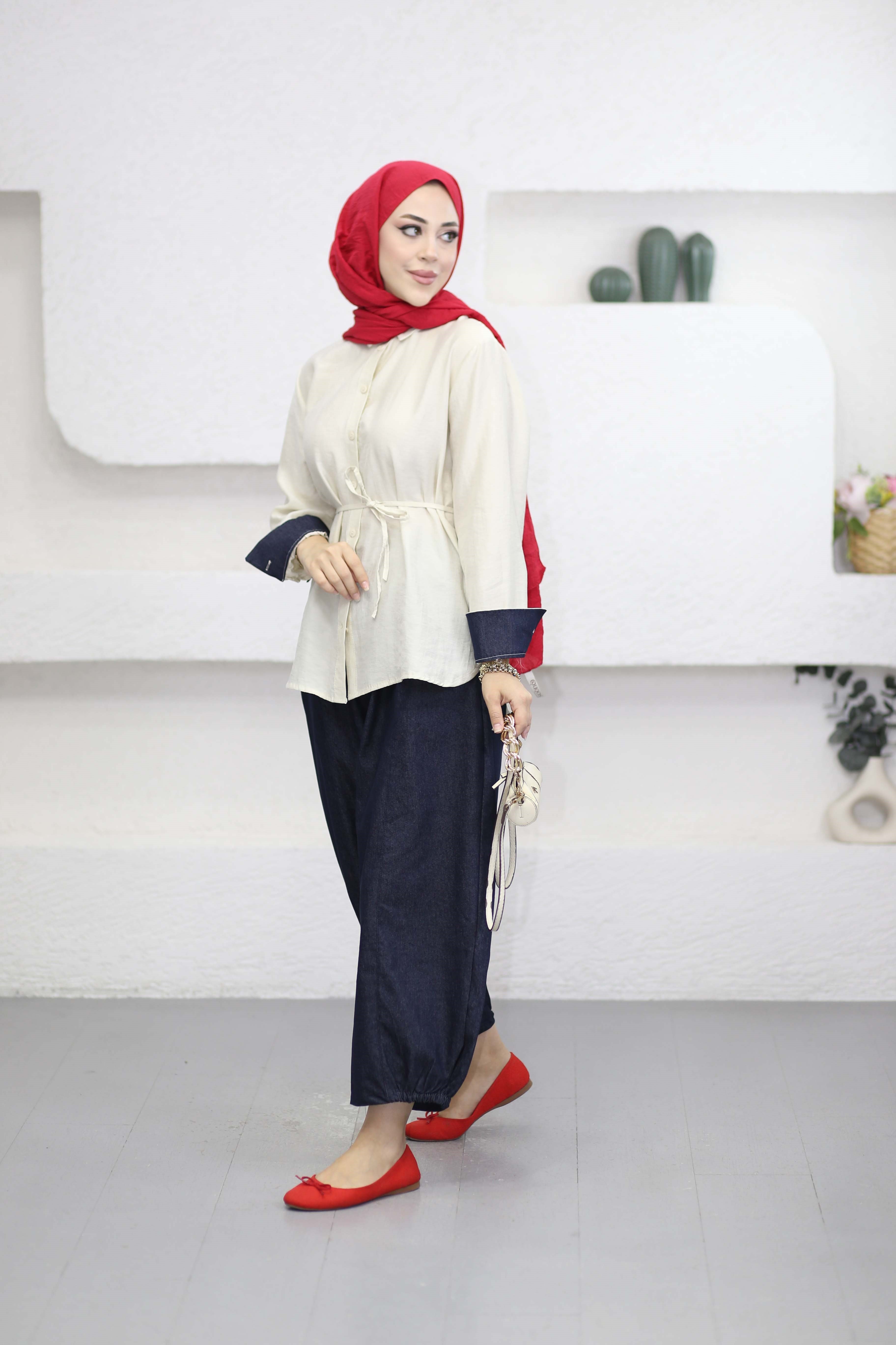 V Denim Detaylı Takım Bej 3213