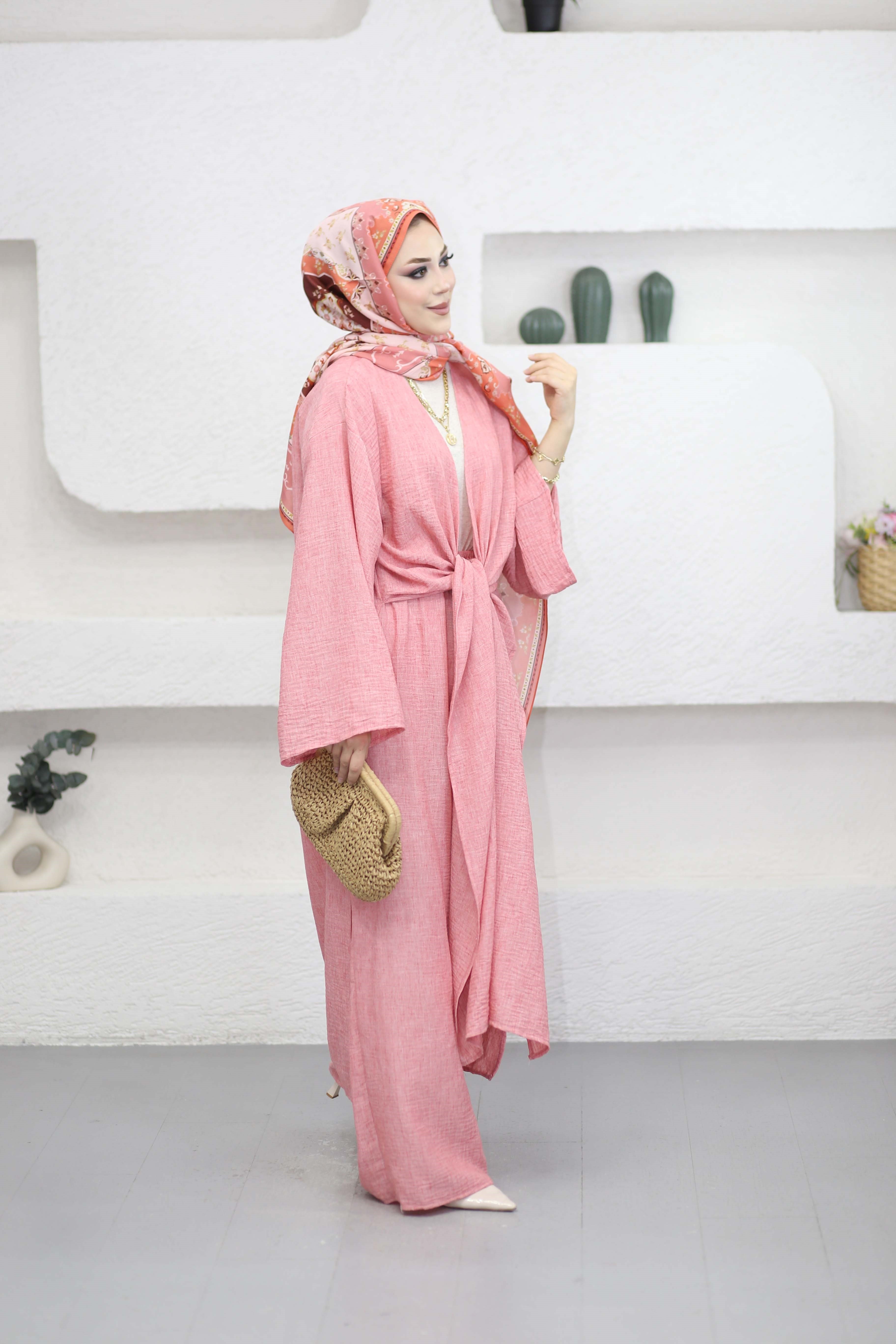 Pantolonlu Abaya Takım Pembe 5813