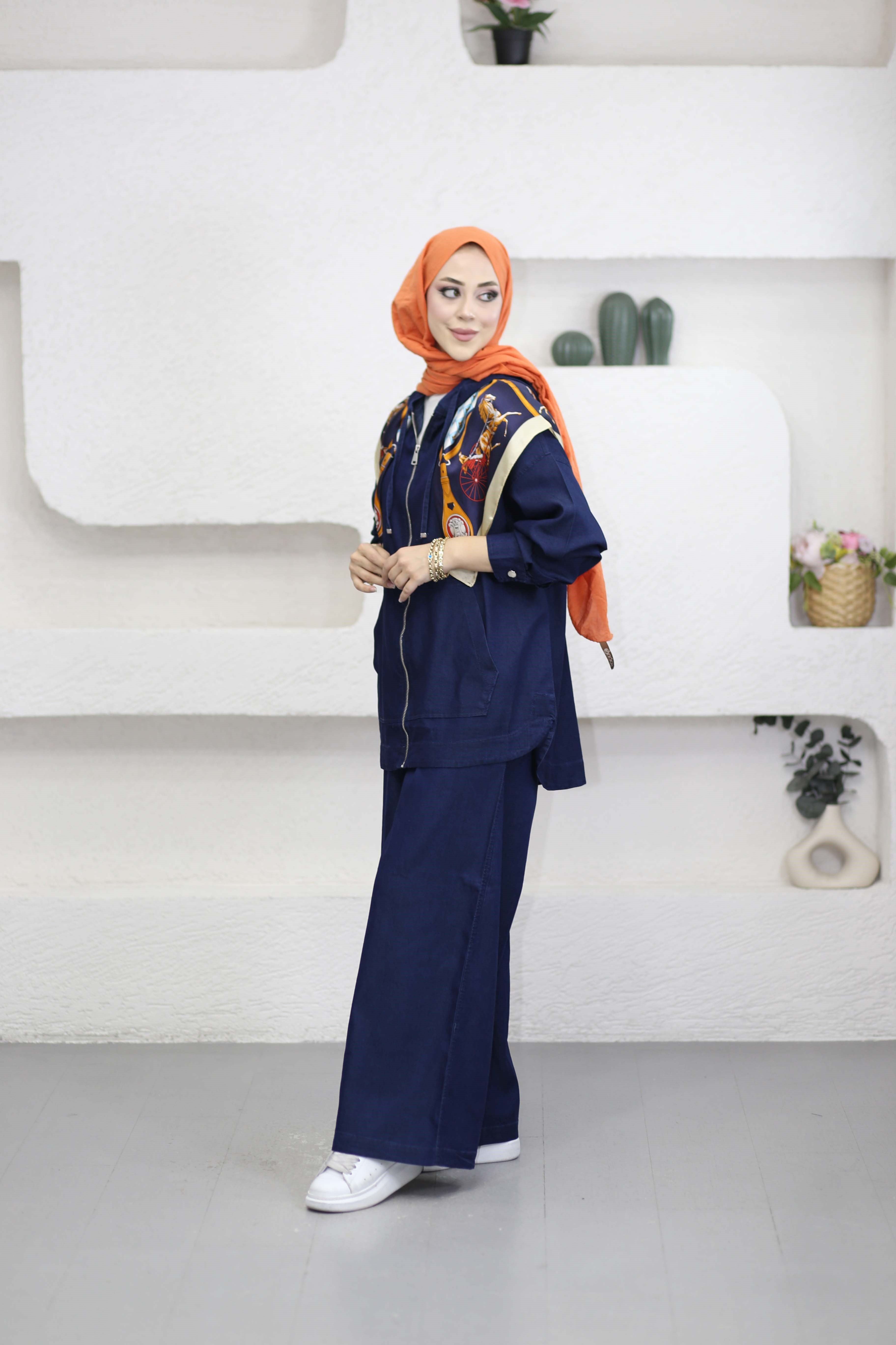 Kanguru Cep Fermuarlı Tencel Takım Koyu Mavi 5398