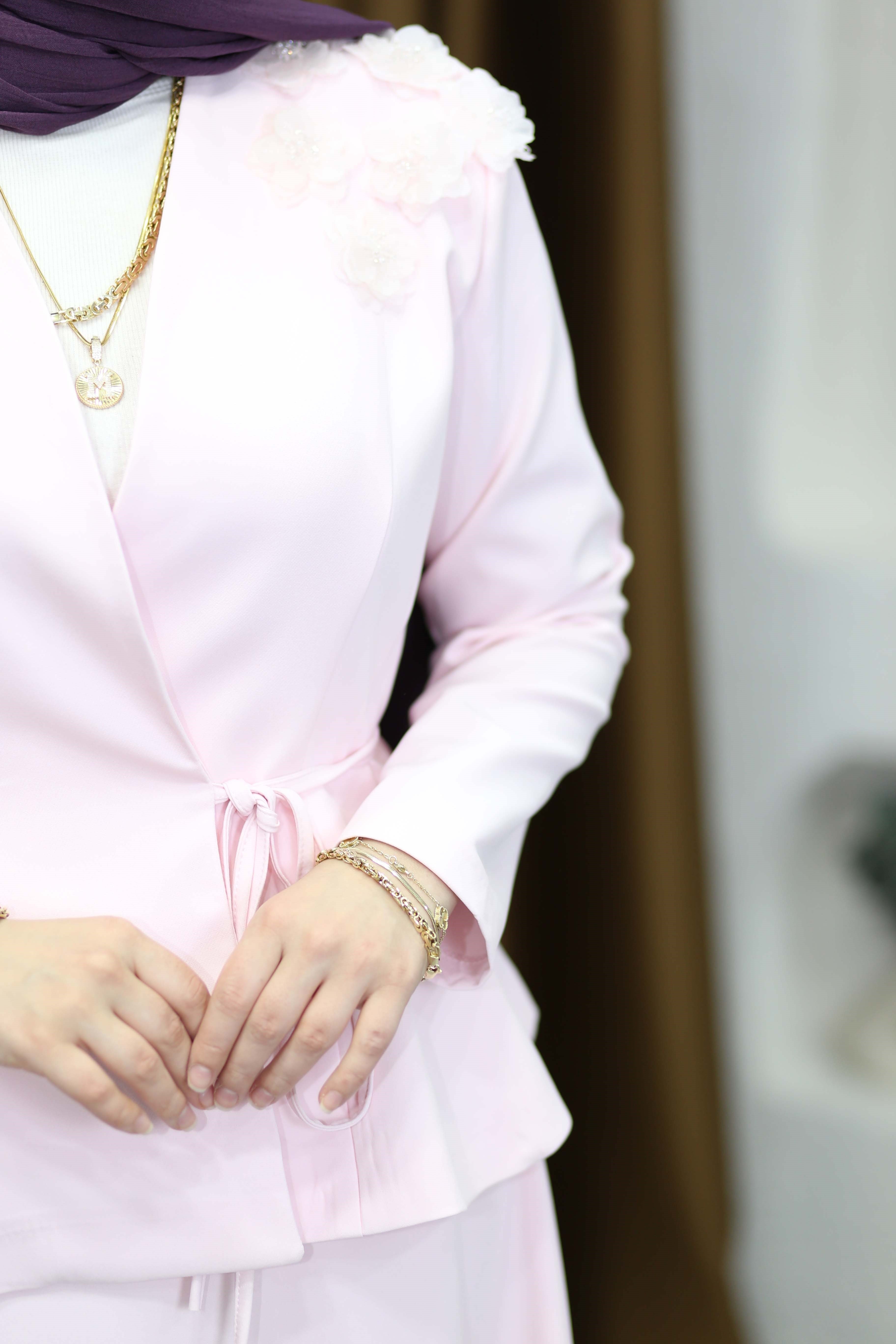 Çiçek Omuzlu Ceket Takım Pembe 7295
