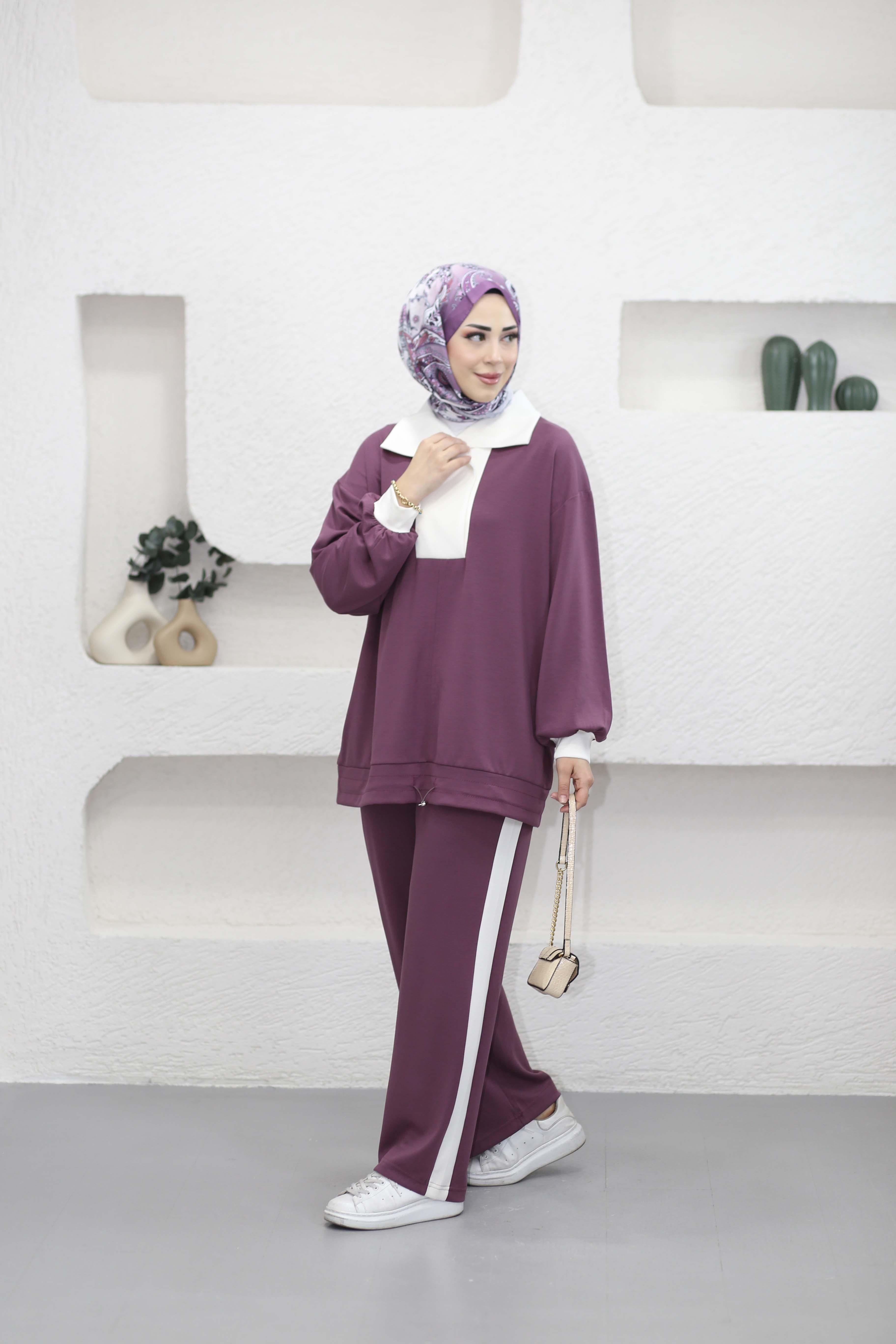 Yakalı Şeritli Takım Mürdüm 5596