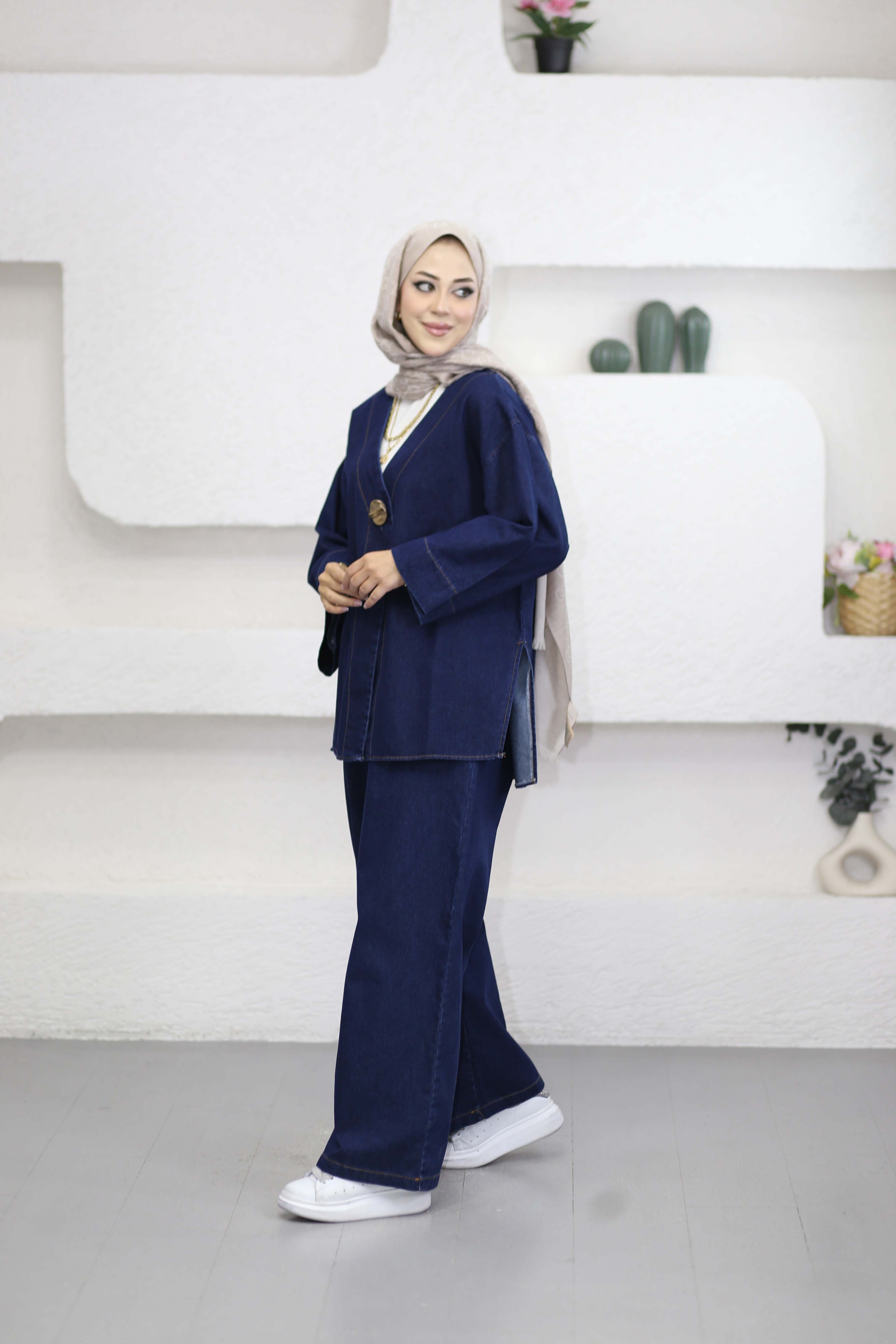 Broşlu Denim Takım Koyu Mavi 9149