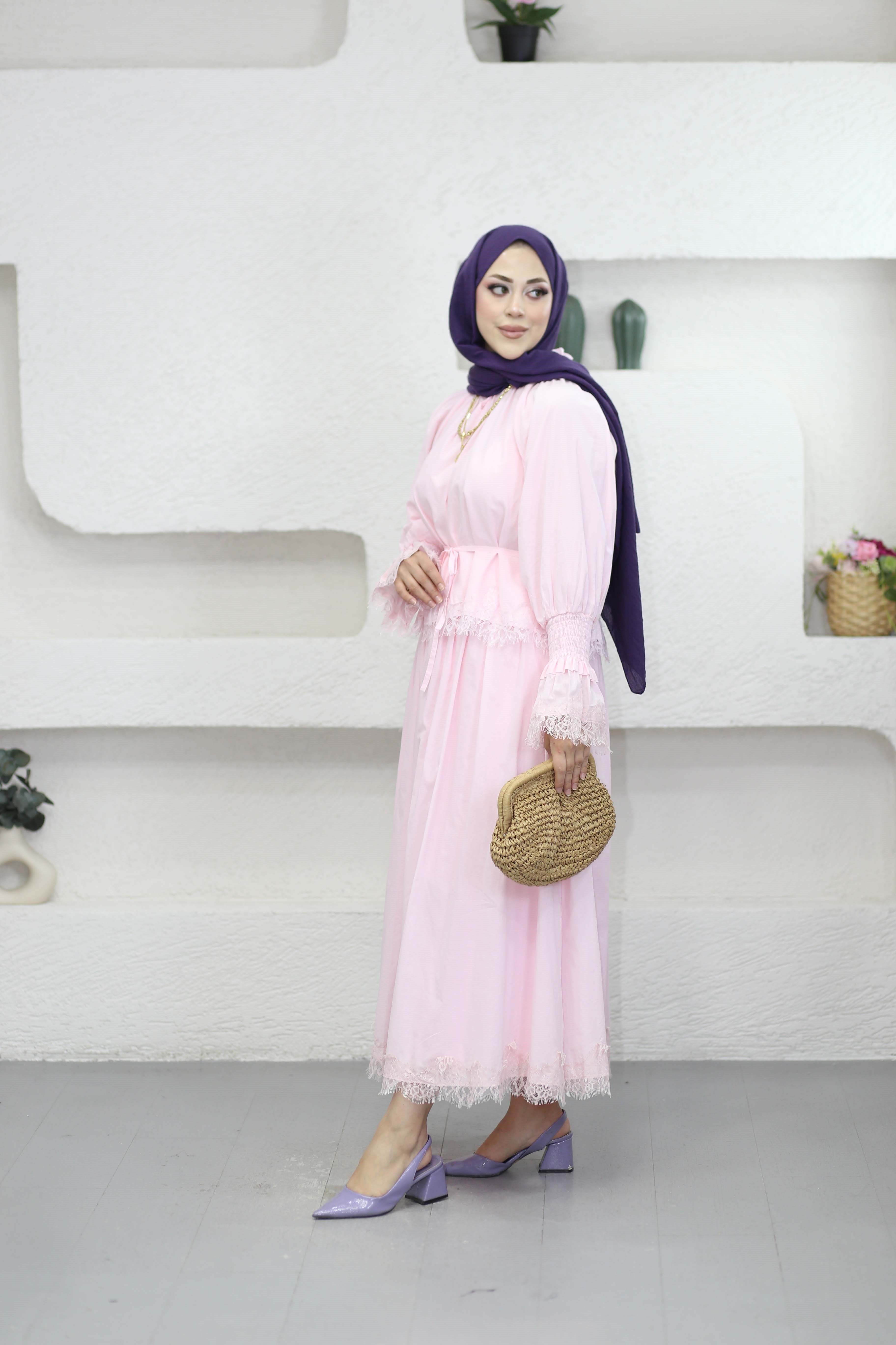 Dantelli Vual Etekli Takım Pembe 8596