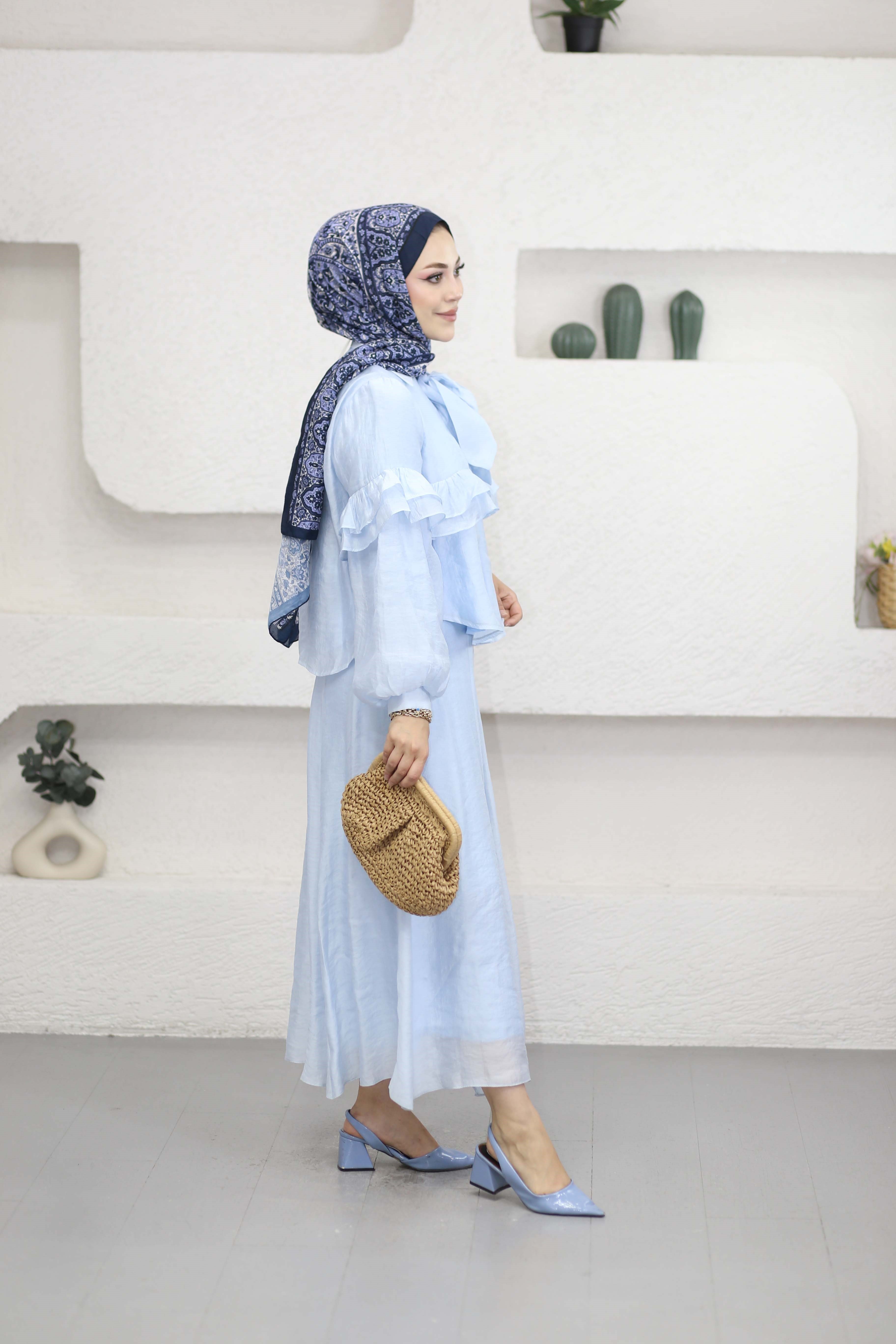 Yaka Kuşaklı Fırfır Takım Bebe Mavi 3229