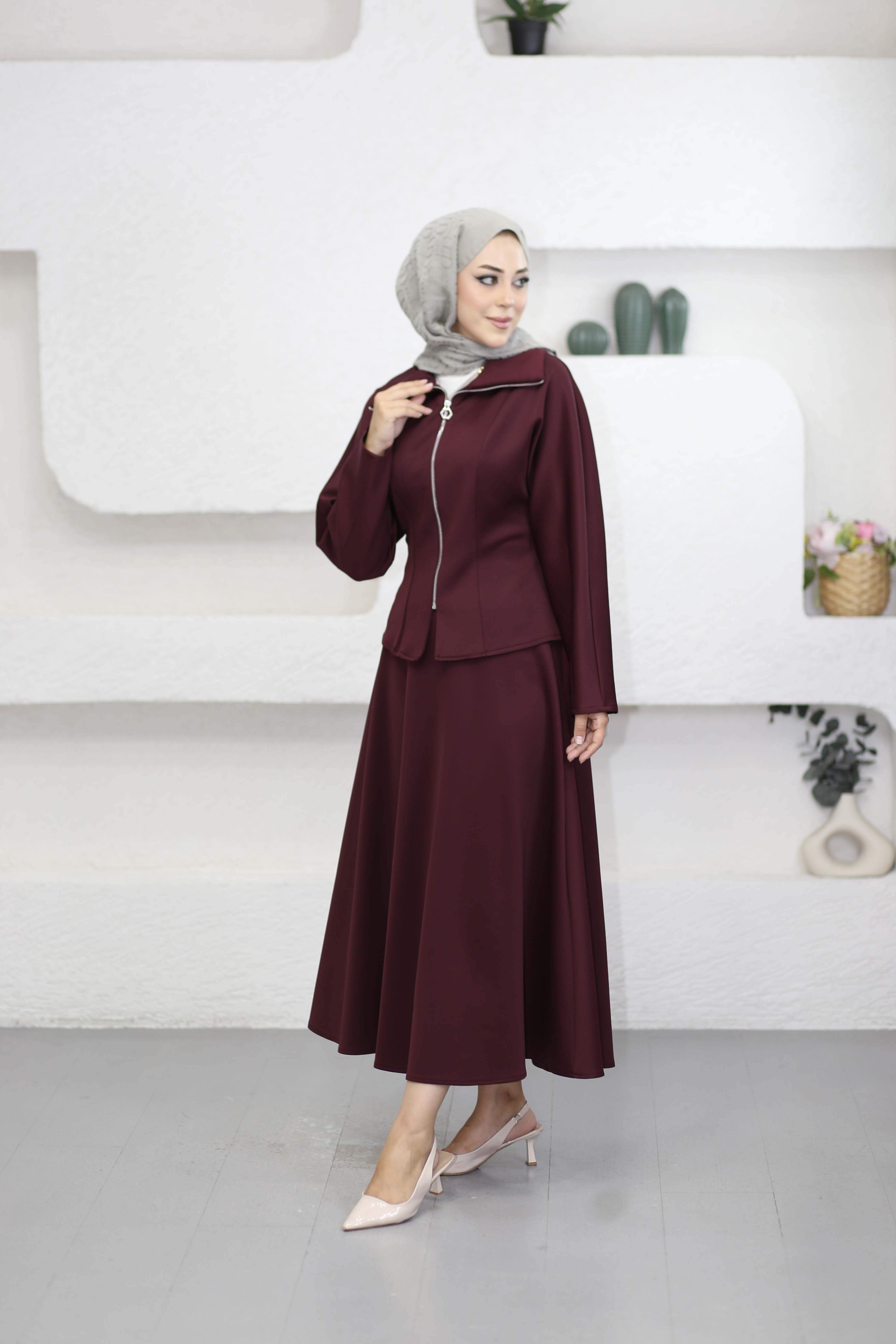 Çift Pensli Etekli Takım Bordo 3263