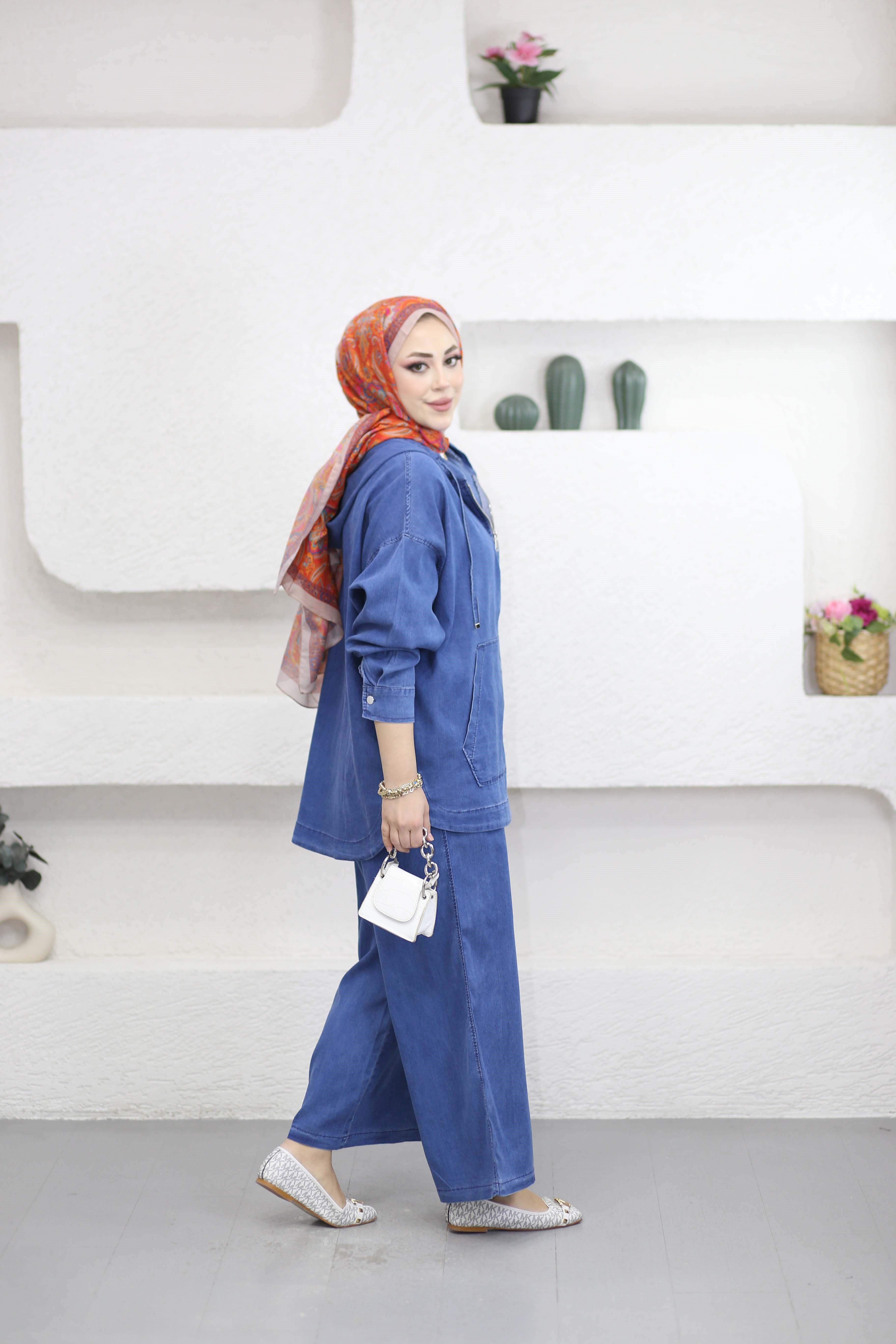 Kanguru Cep Fermuarlı Tencel Takım Açık Mavi 5398