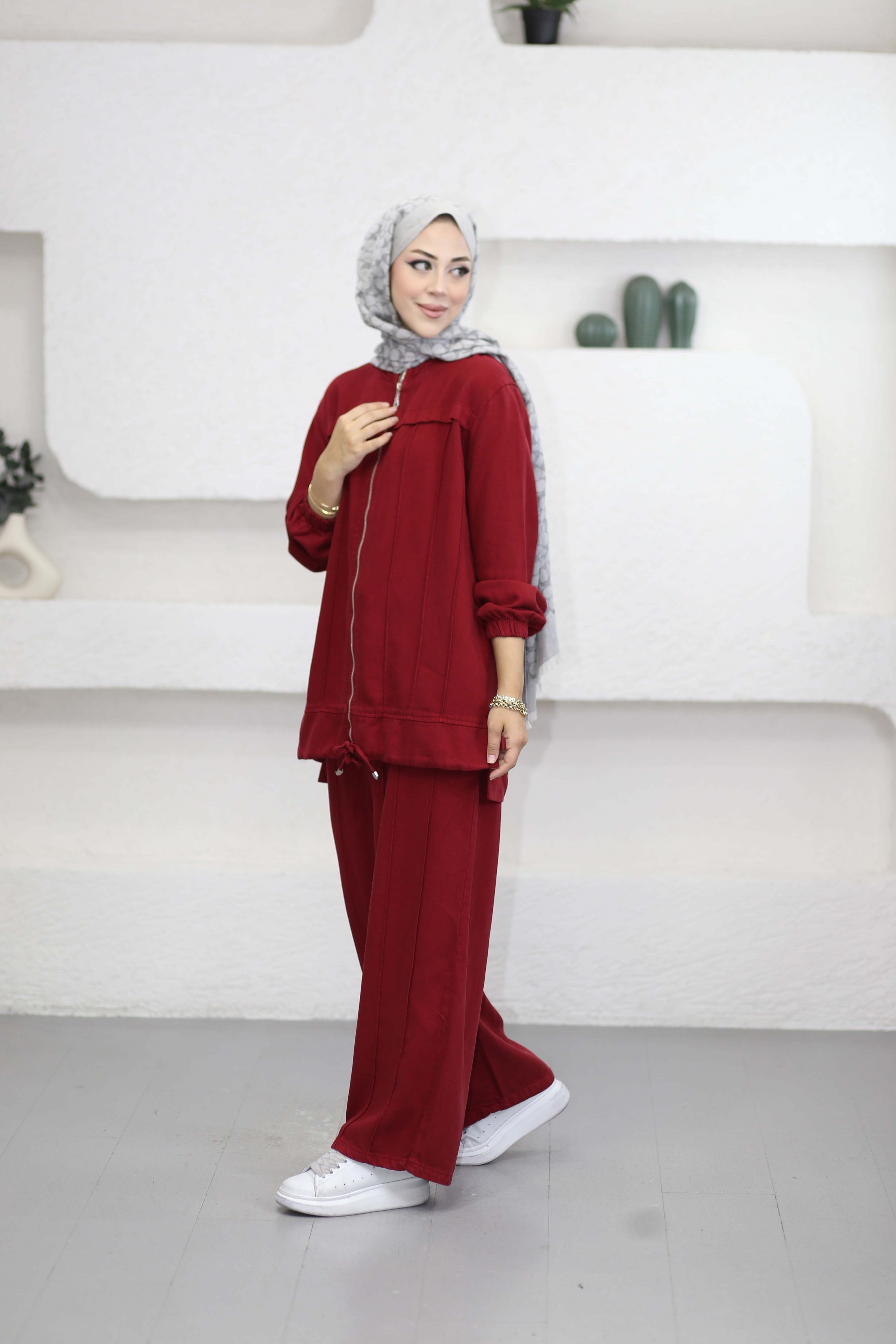 Dikişli Denim Takım Bordo 7579