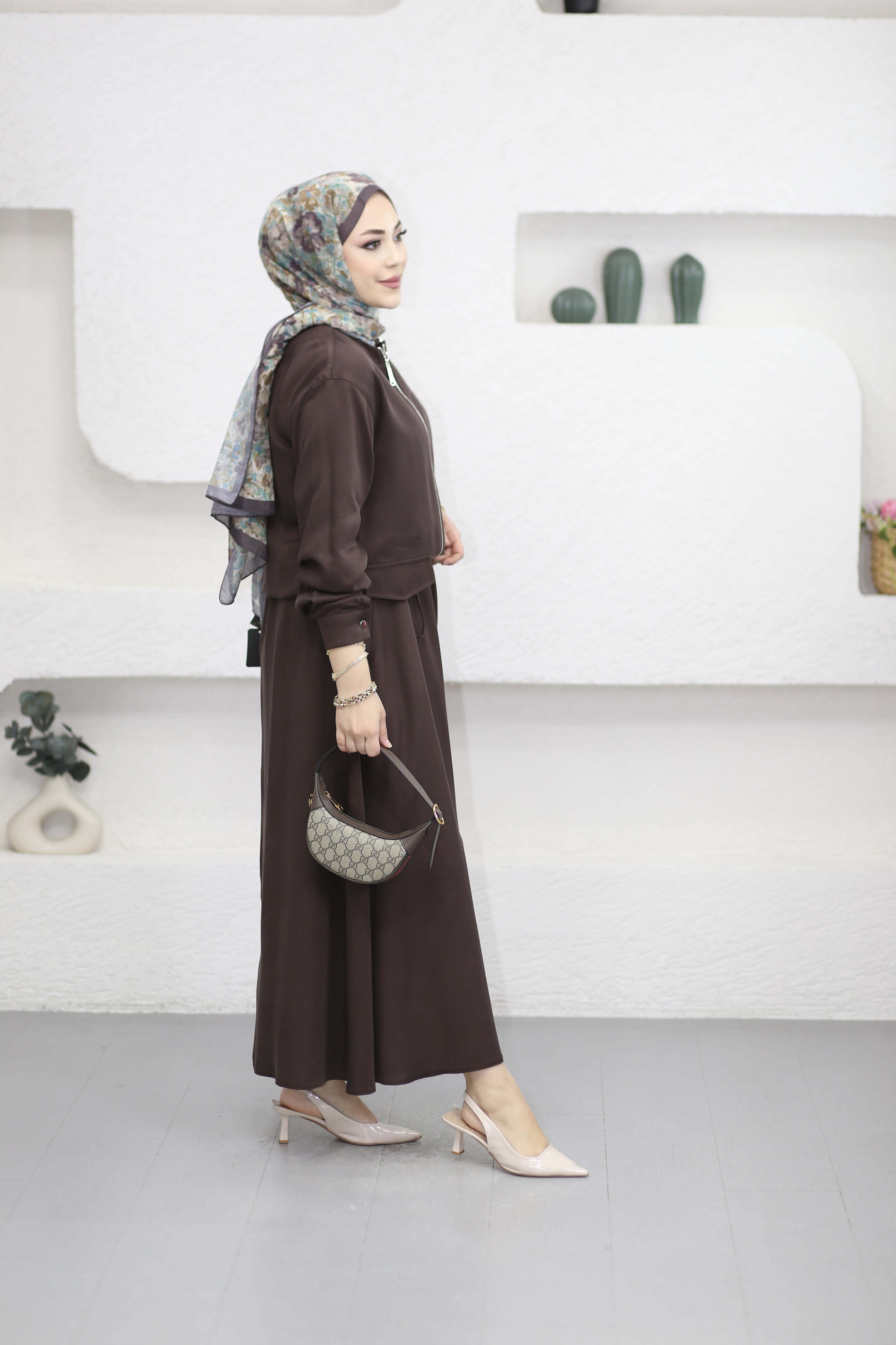 Çift Fermuarlı Etekli Takım Kahverengi 1535