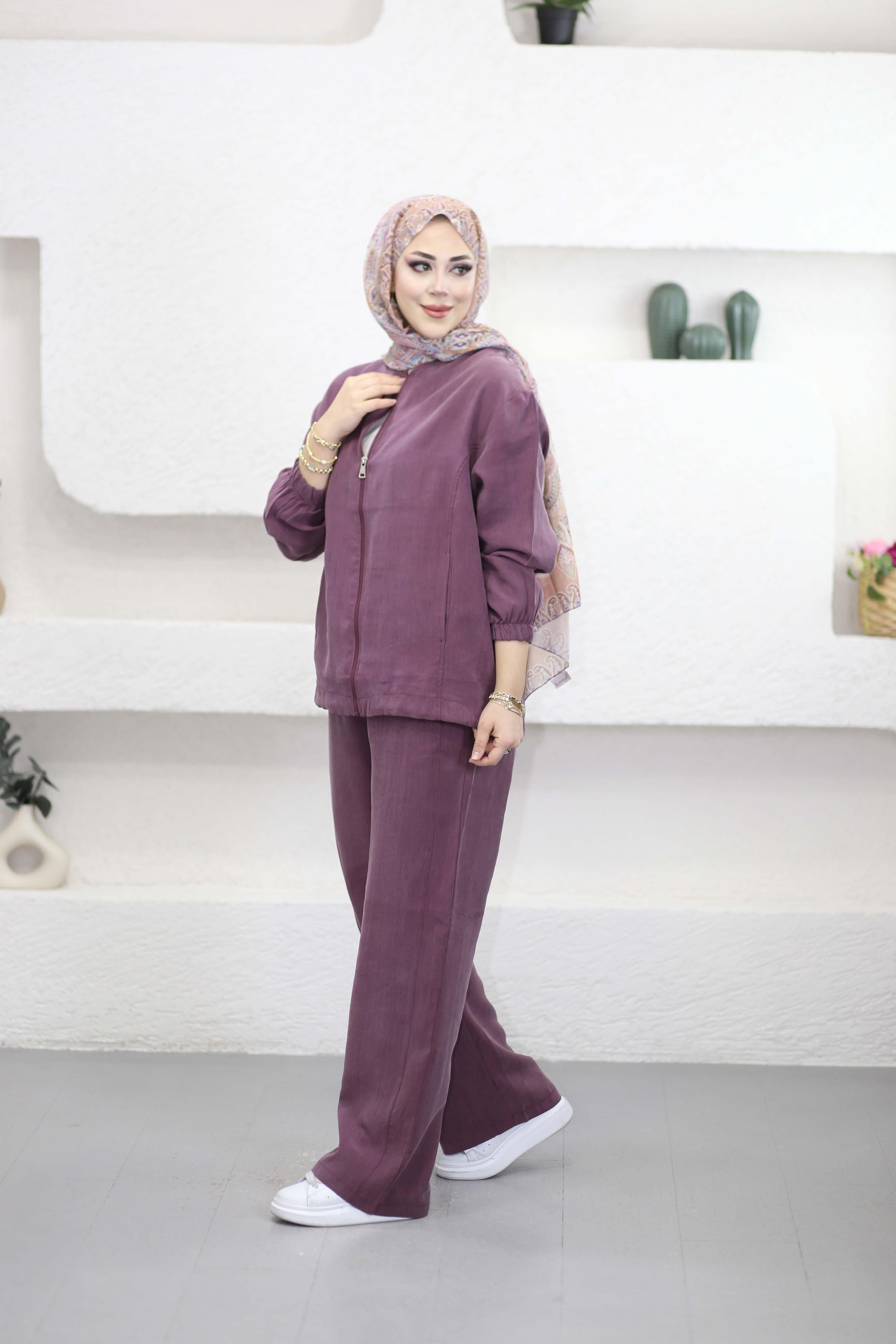 Fermuarlı Bol Paça Pantolon Takım Mürdüm 5768
