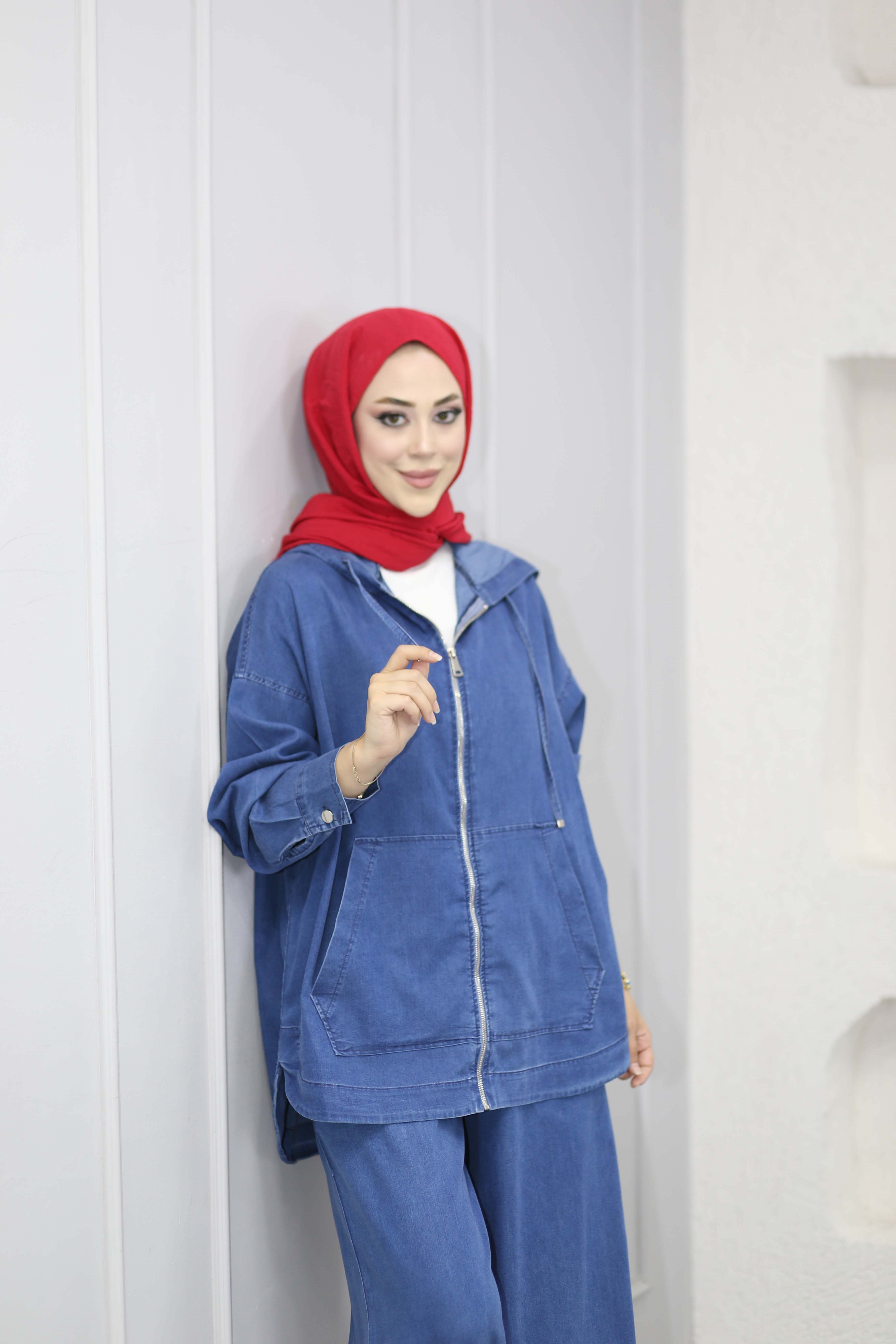 Kanguru Cep Fermuarlı Tencel Takım Açık Mavi 5398