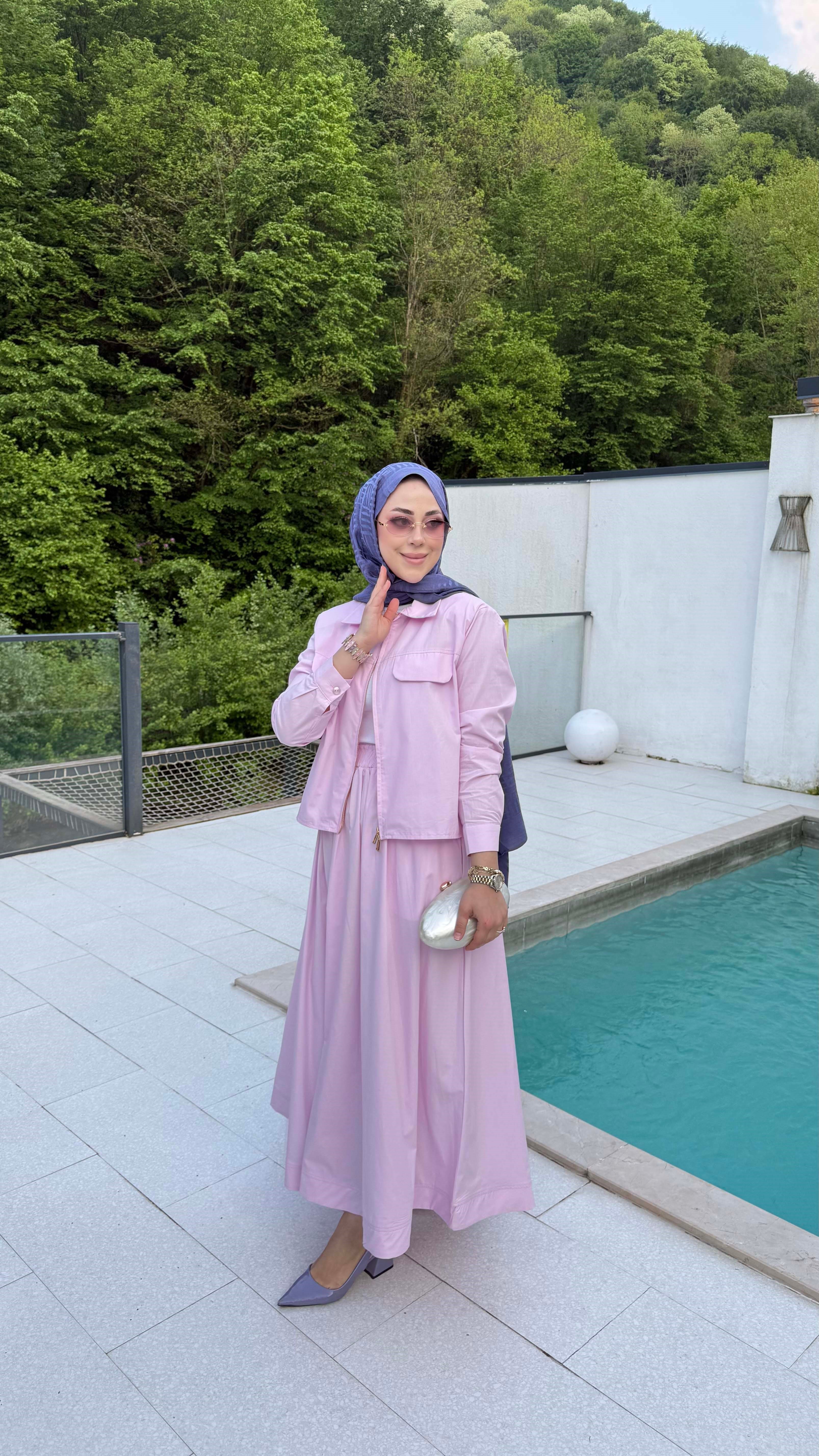 Fermuarlı Coton Etekli Takım Pembe 2163