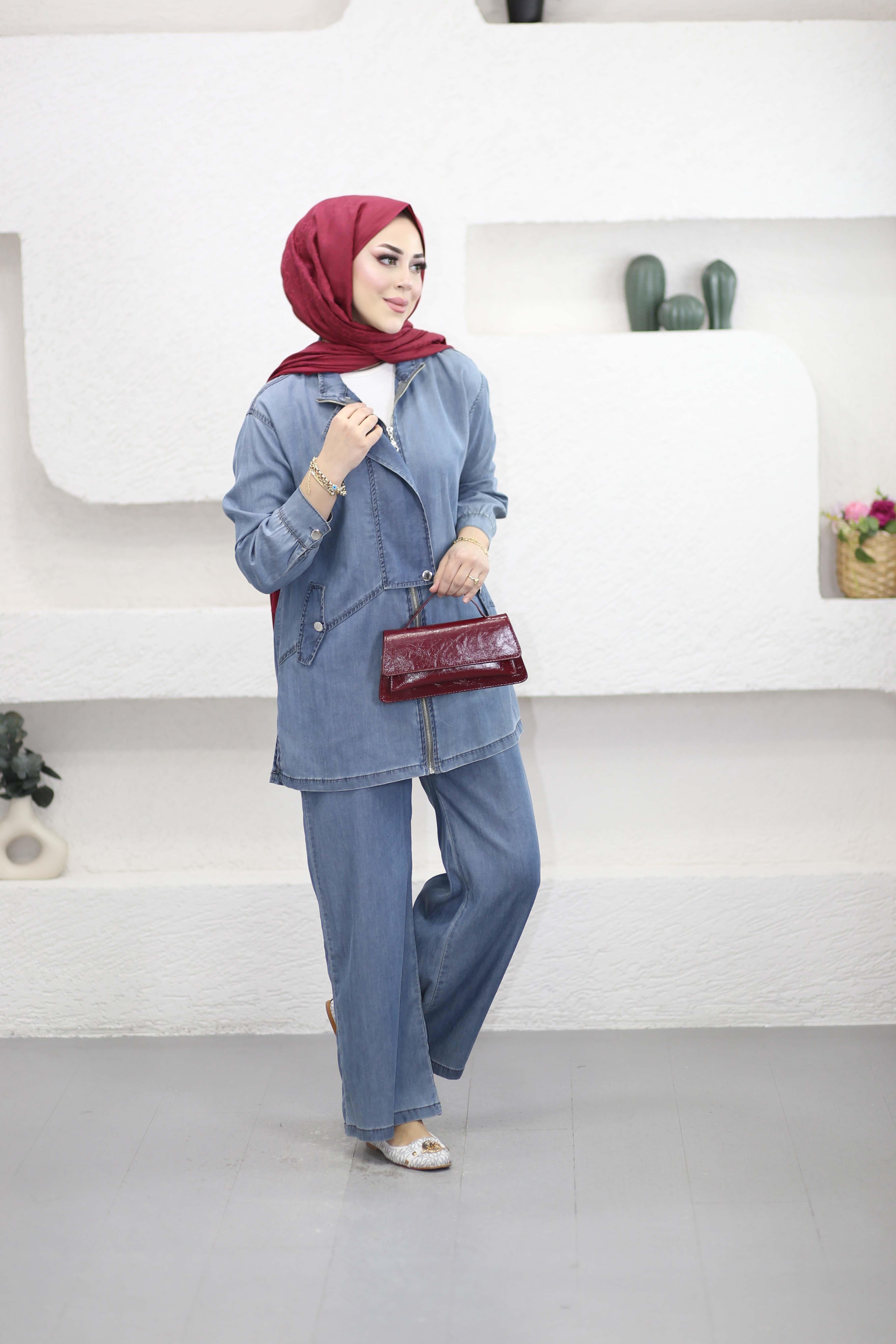 Fermuar Kapamalı Denim Takım Açık Mavi 7490