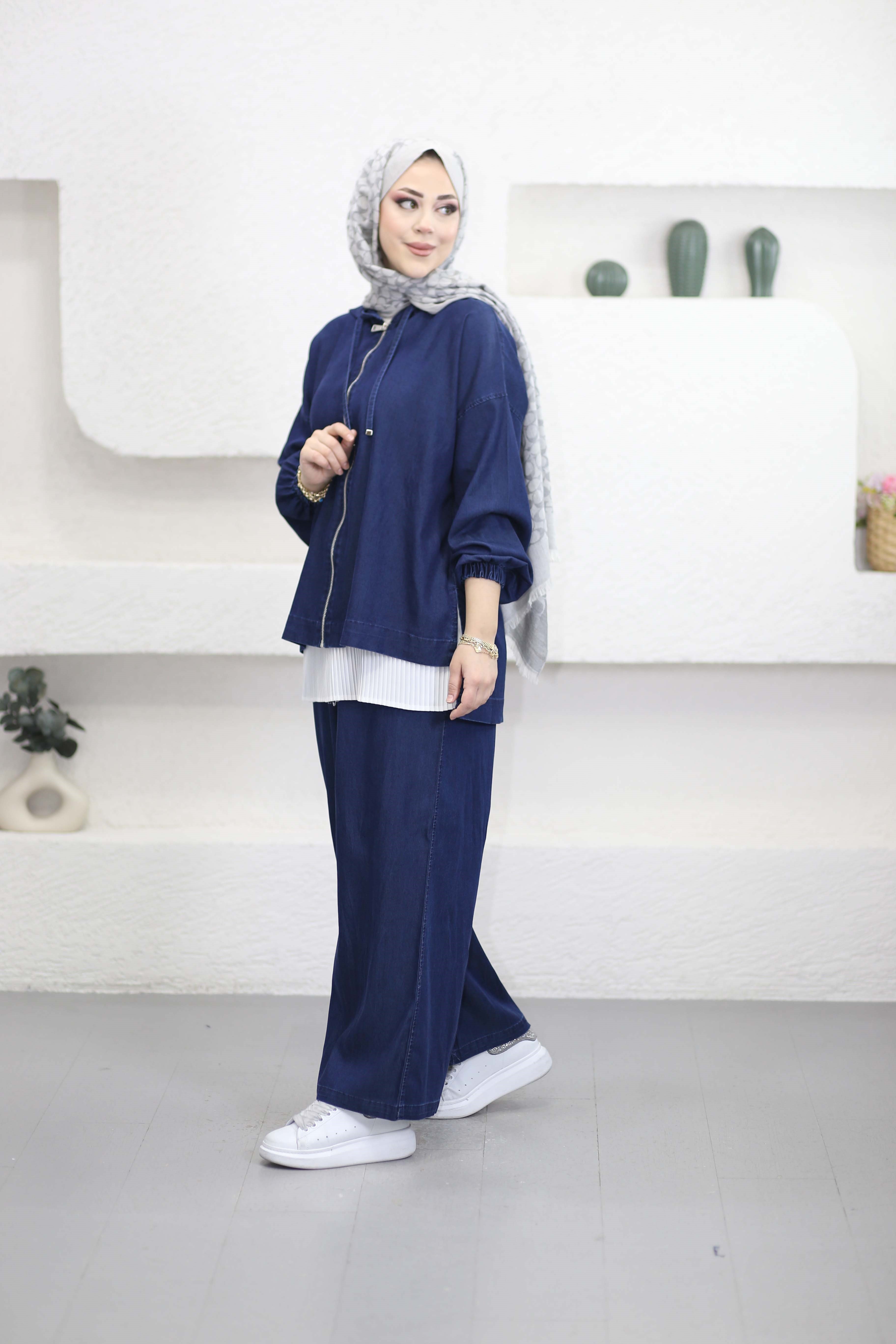 Fermuar Yaka Denim Takım Koyu Mavi 5869