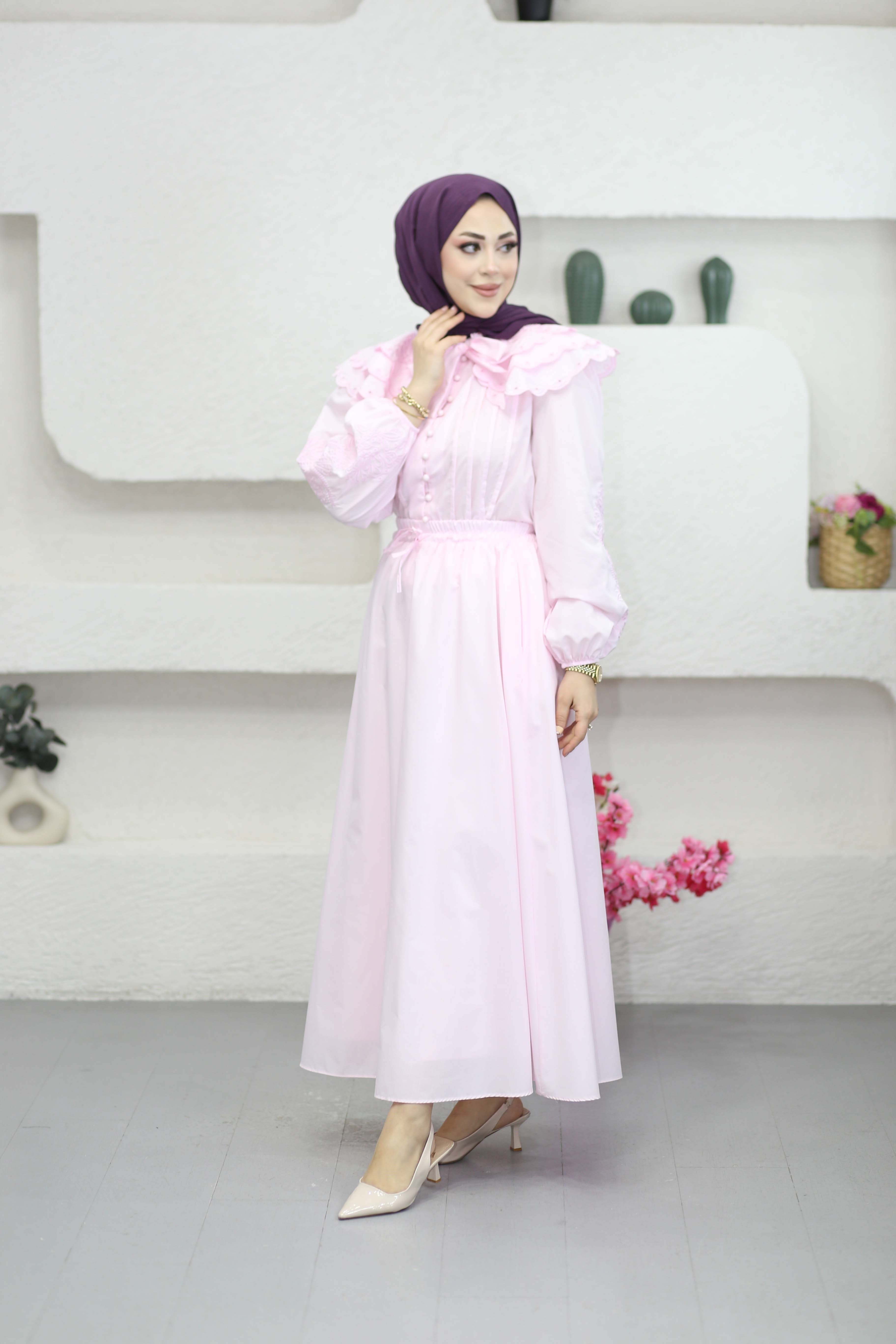 Yaka Nakışlı Dacron Takım Pembe 8350